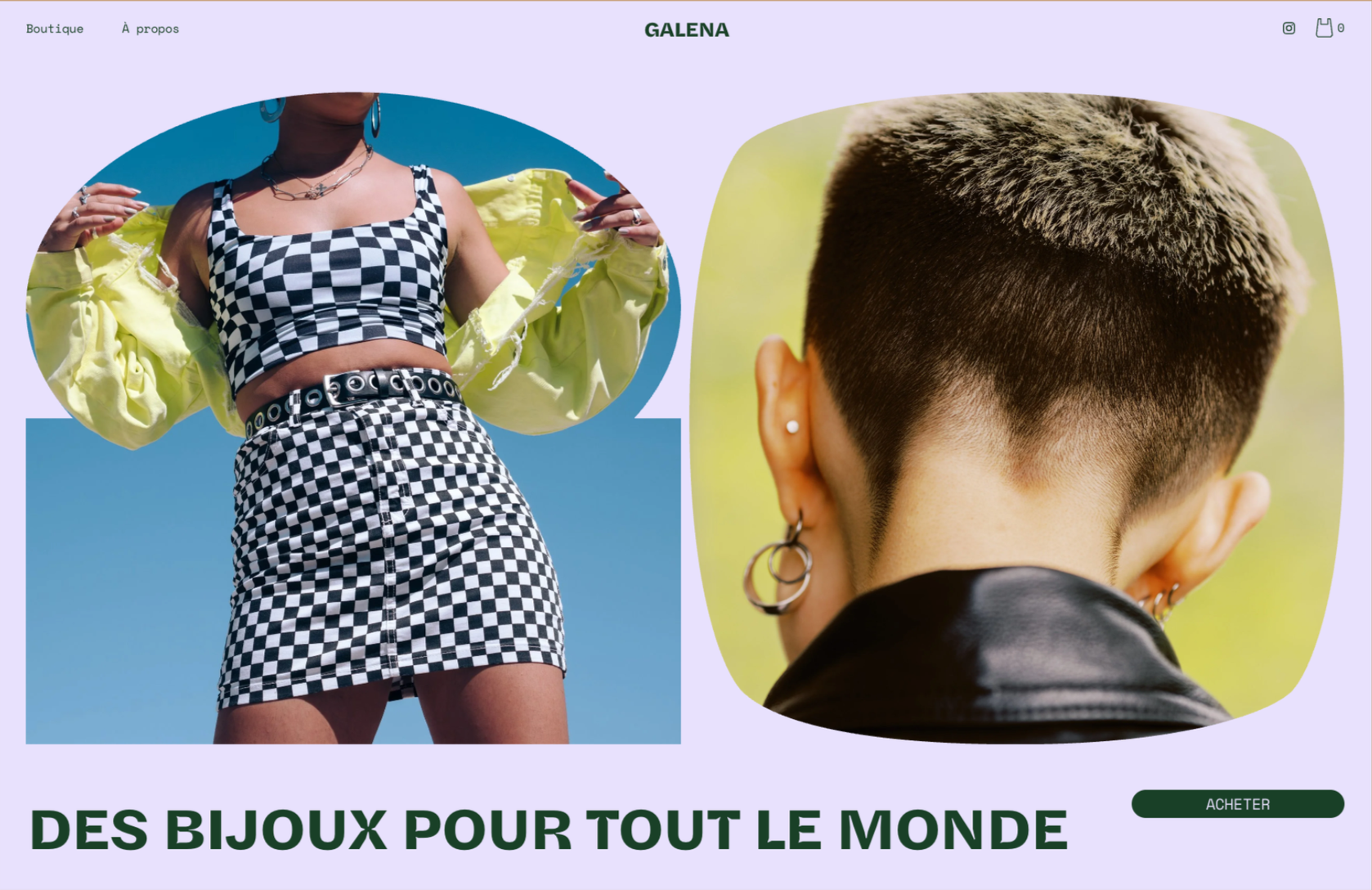 Page web intitulée "Galena" présentant deux images de personnes portant des bijoux et des vêtements stylés, avec un fond violet clair, texte indiquant "Des bijoux pour tout le monde" et un bouton d'achat.