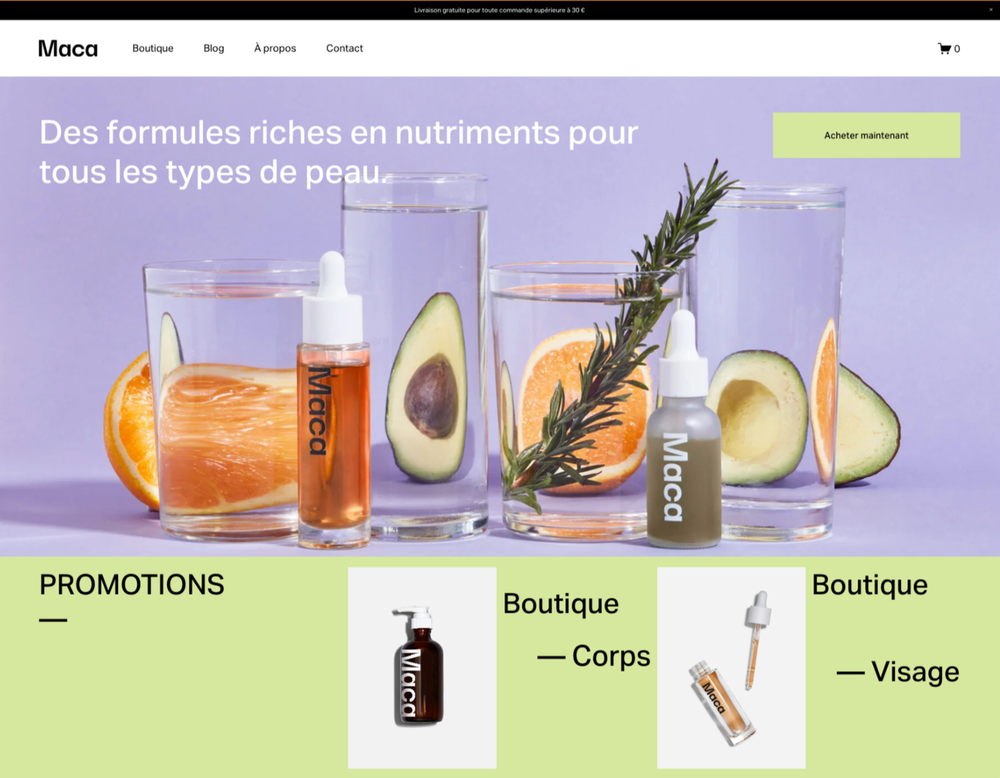 Page d'accueil d'un site web de produits de soins pour la peau avec des instruments et des ingrédients naturels comme avocat, orange, yuzu, sauge, dans des verres et flacons portant la marque 'Maca'.