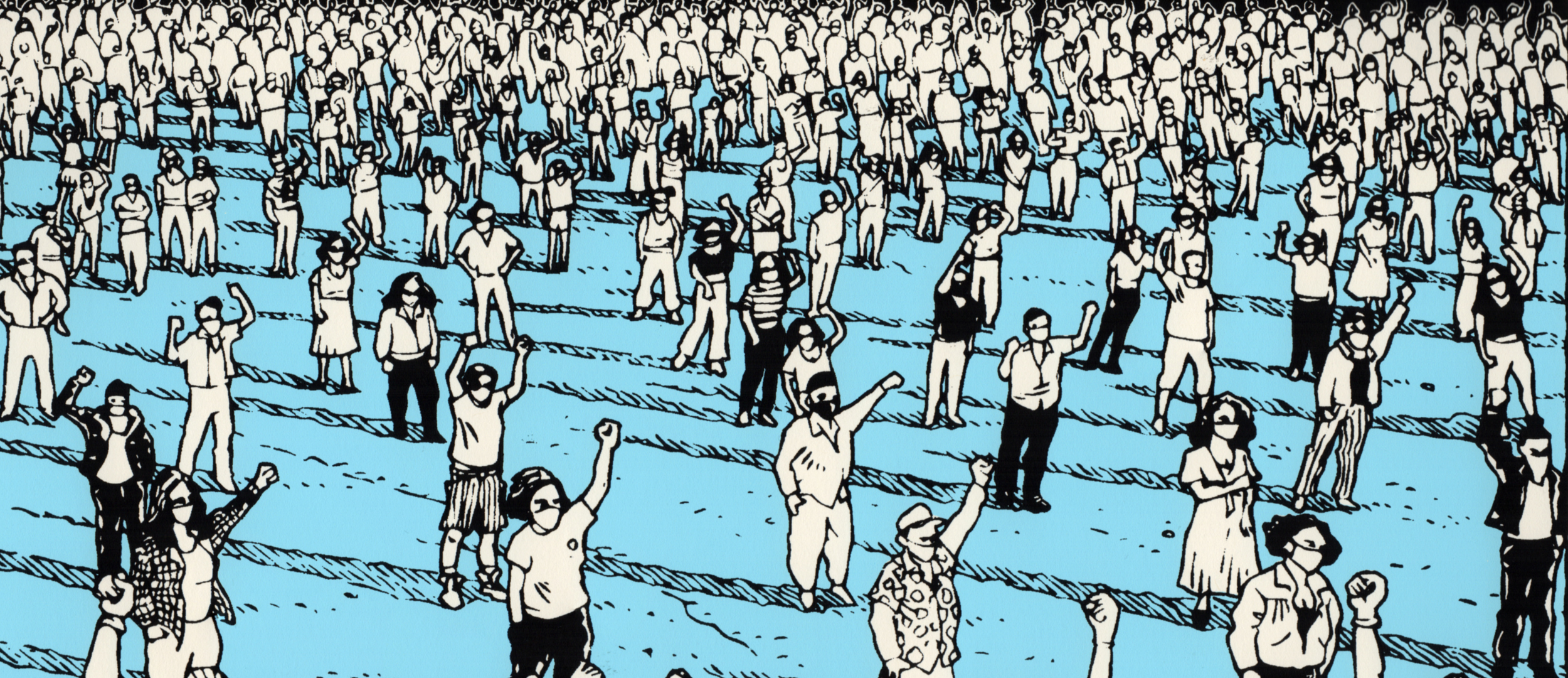 A diverse crowd of people. In the background the crowd is thick and it thins towards the foreground with people raising their fists in the air