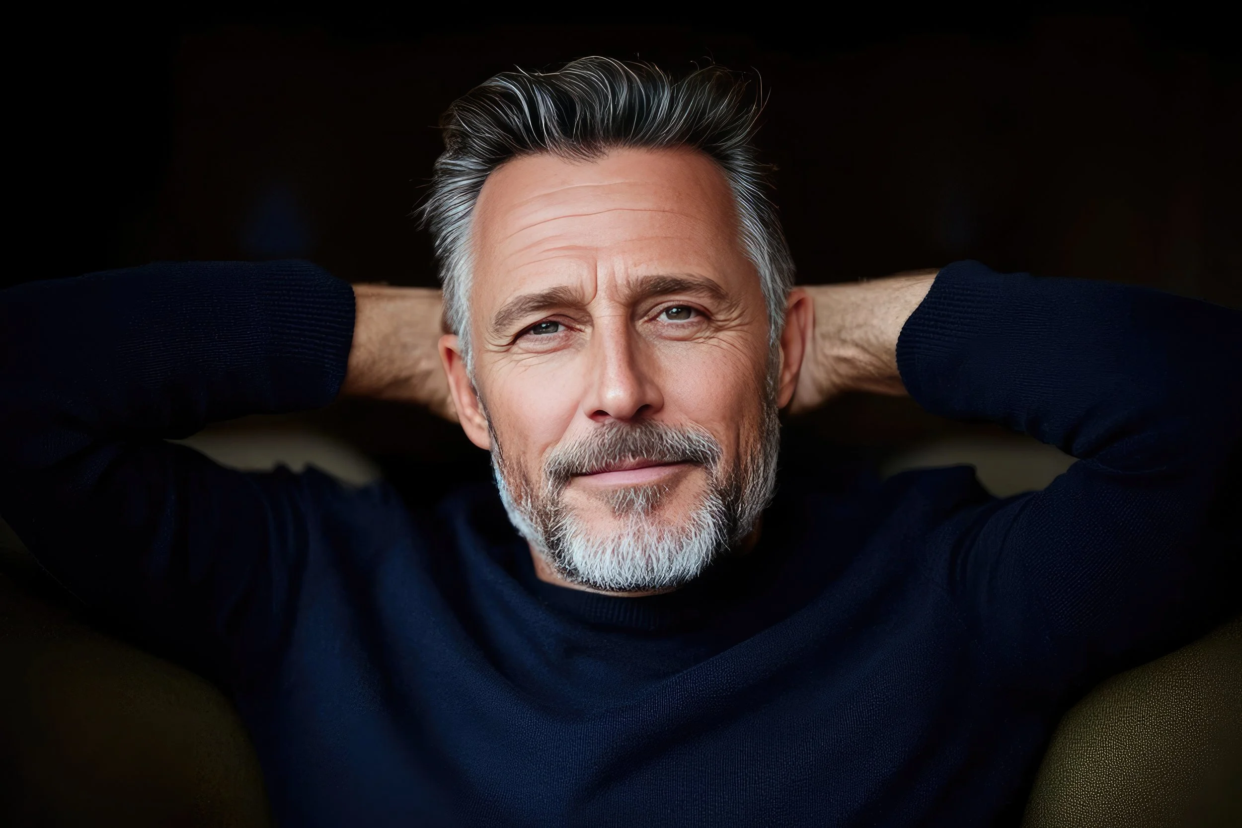 A close-up of a middle-aged man with gray hair and a beard, smiling, with his hands behind his head, wearing a dark long-sleeved shirt, against a black background.