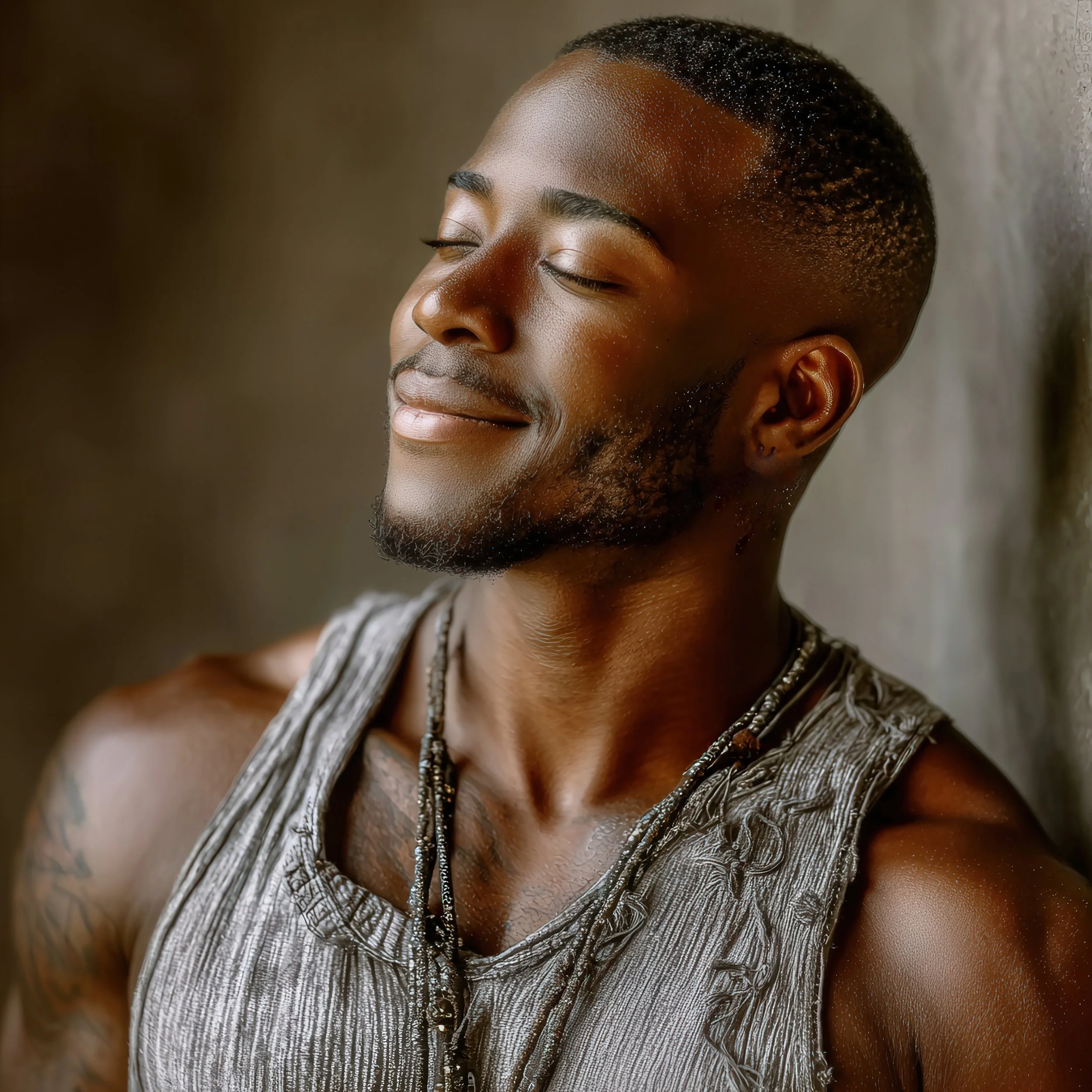 A close-up of a man's face with eyes closed, wearing a striped shirt and layered necklaces, leaning against a textured wall with water droplets on his skin.