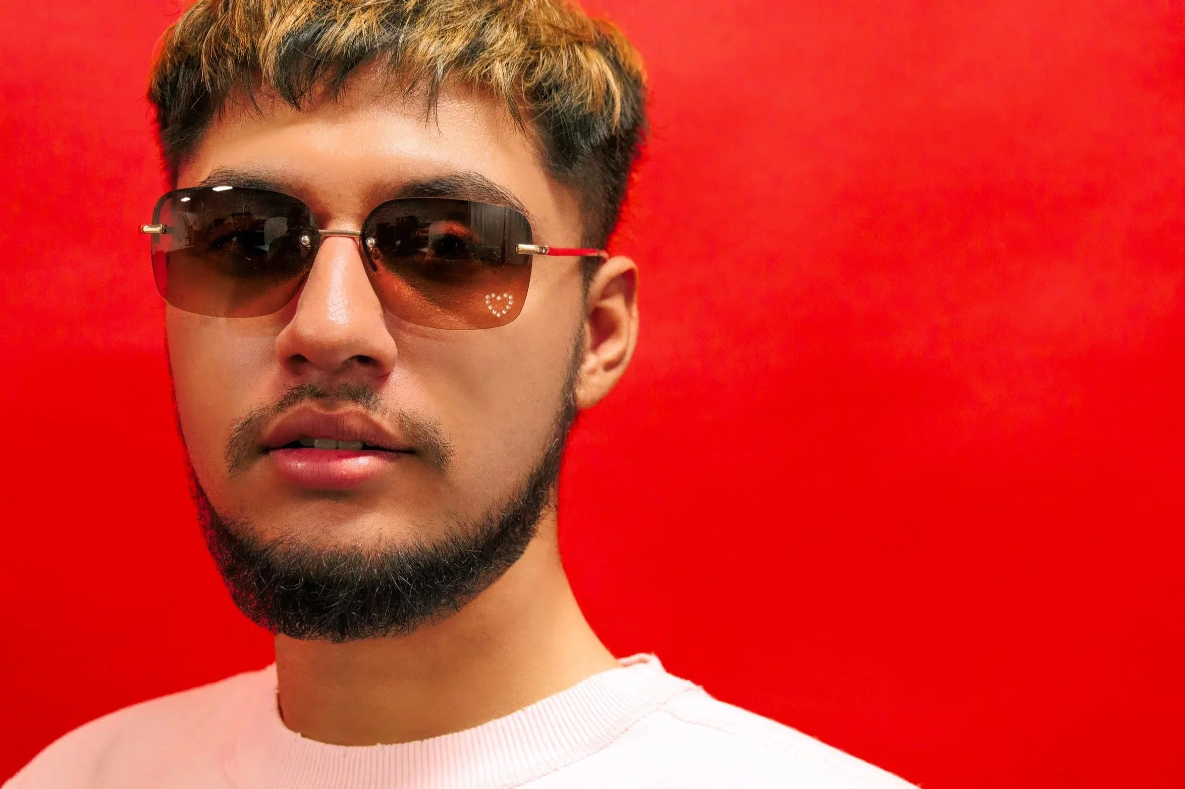 Close-up of a young man wearing sunglasses, with a red background.