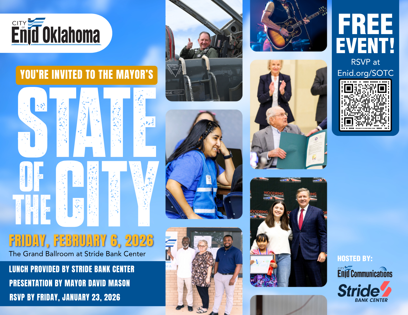 Flyer for the City of Enid, Oklahoma, announcing a free event called 'State of the City' on Friday, February 6, 2026, at the Grand Ballroom at Stride Bank Center. The flyer features photos of people, including a pilot, musicians, officials, professionals, and community members. RSVP details and sponsor logos are included.