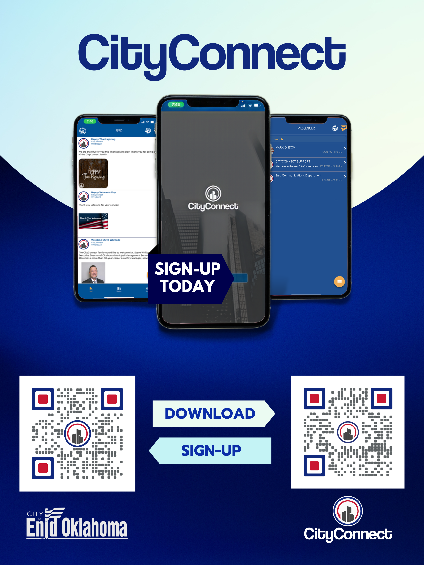 Promotional graphic for CityConnect app featuring three smartphones displaying the app interface, QR codes for download and sign-up, and City of Enid Oklahoma logo.