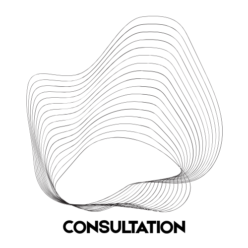 Black background with a series of white, curved, overlapping lines forming a 3D abstract shape.