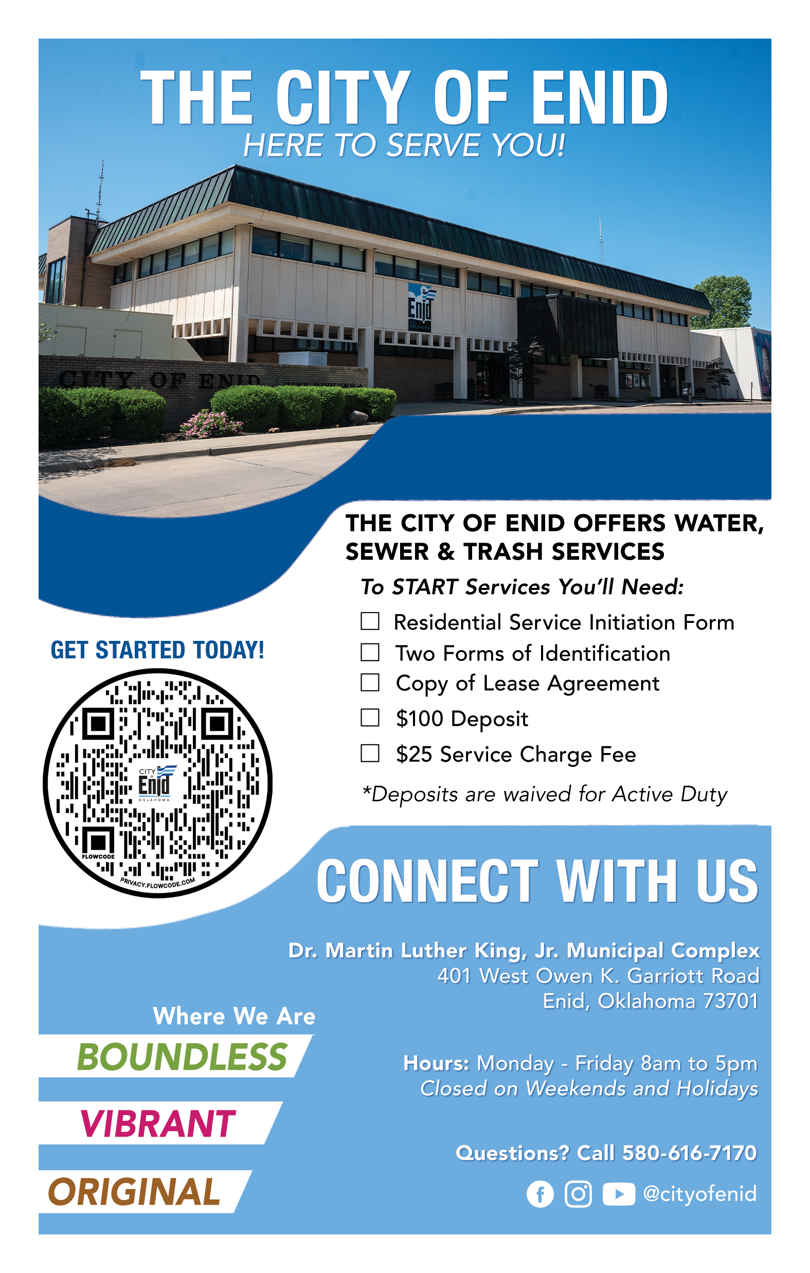 A promotional flyer for the City of Enid, Oklahoma, featuring a picture of the Dr. Martin Luther King Jr. Municipal Complex building. The flyer provides information about water, sewer, and trash services, including contact details, hours, and requirements for setting up services. It also emphasizes the city's values with words like 'Boundless,' 'Vibrant,' and 'Original.'