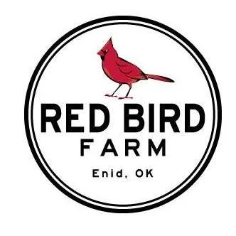 A logo featuring a red bird inside a black circle with the text 'RED BIRD FARM' and 'Enid, OK' below.