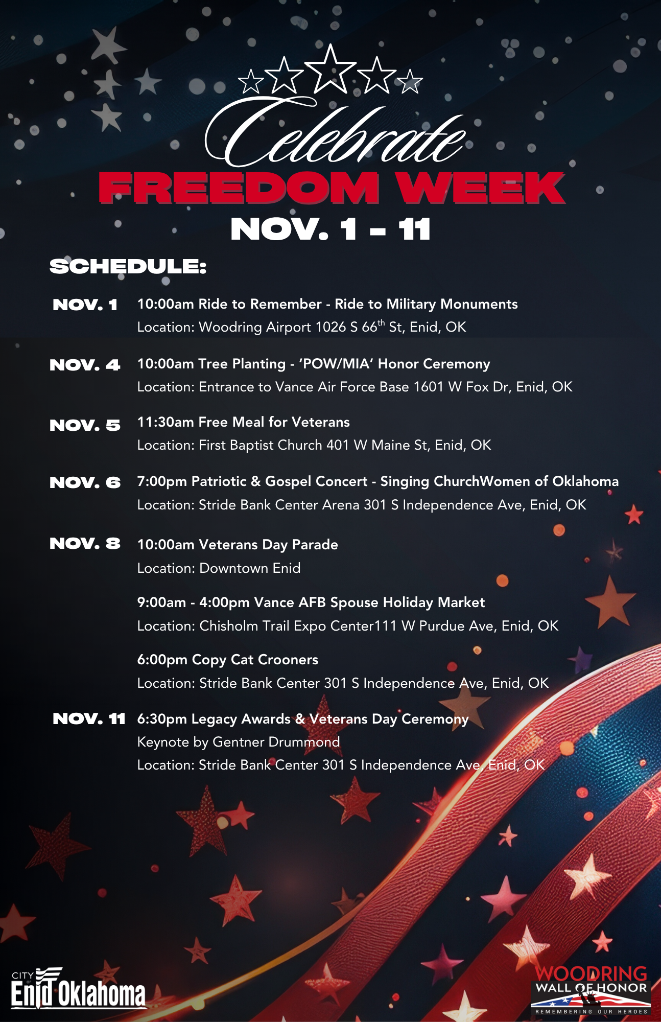 Event schedule for Celebrate Freedom Week in Enid, Oklahoma, from November 1 to 11, including motorcycle ride, tree planting, veterans meal, patriotic concert, veterans parade, holiday market, and awards ceremony, with patriotic and star-themed decorations.