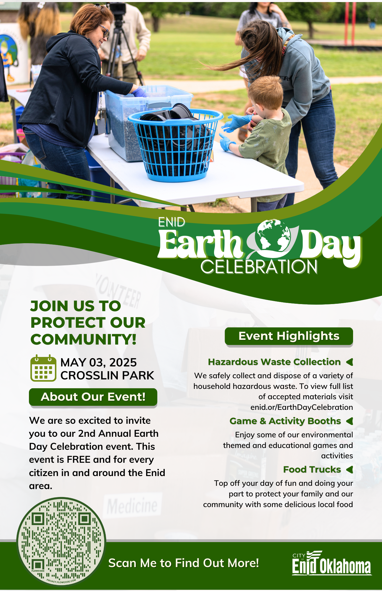 Flyer for Earth Day celebration event at Crosslin Park on May 3, 2025, organized by City of Enid Oklahoma. The flyer features a photo of people collecting waste in a park, with event details about hazardous waste collection, game and activity booths, food trucks, and instructions to scan a QR code for more information.