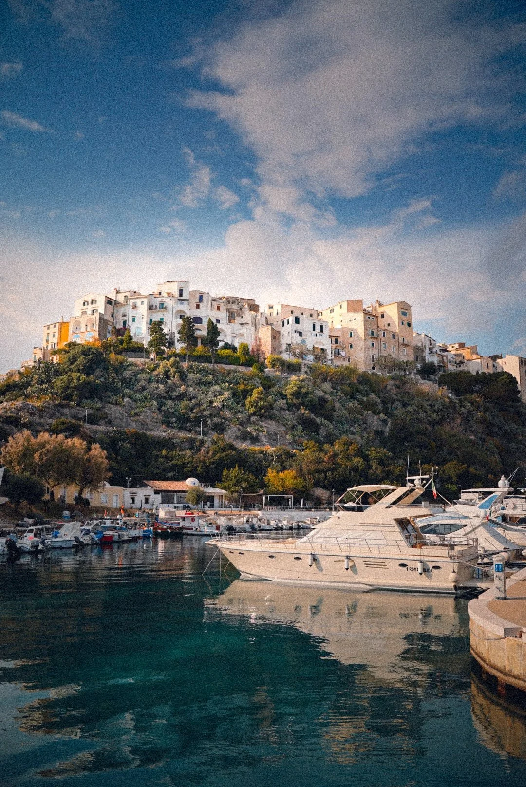 Boats docked in a marina in front of a hillside with white houses during daytime with partly cloudy sky