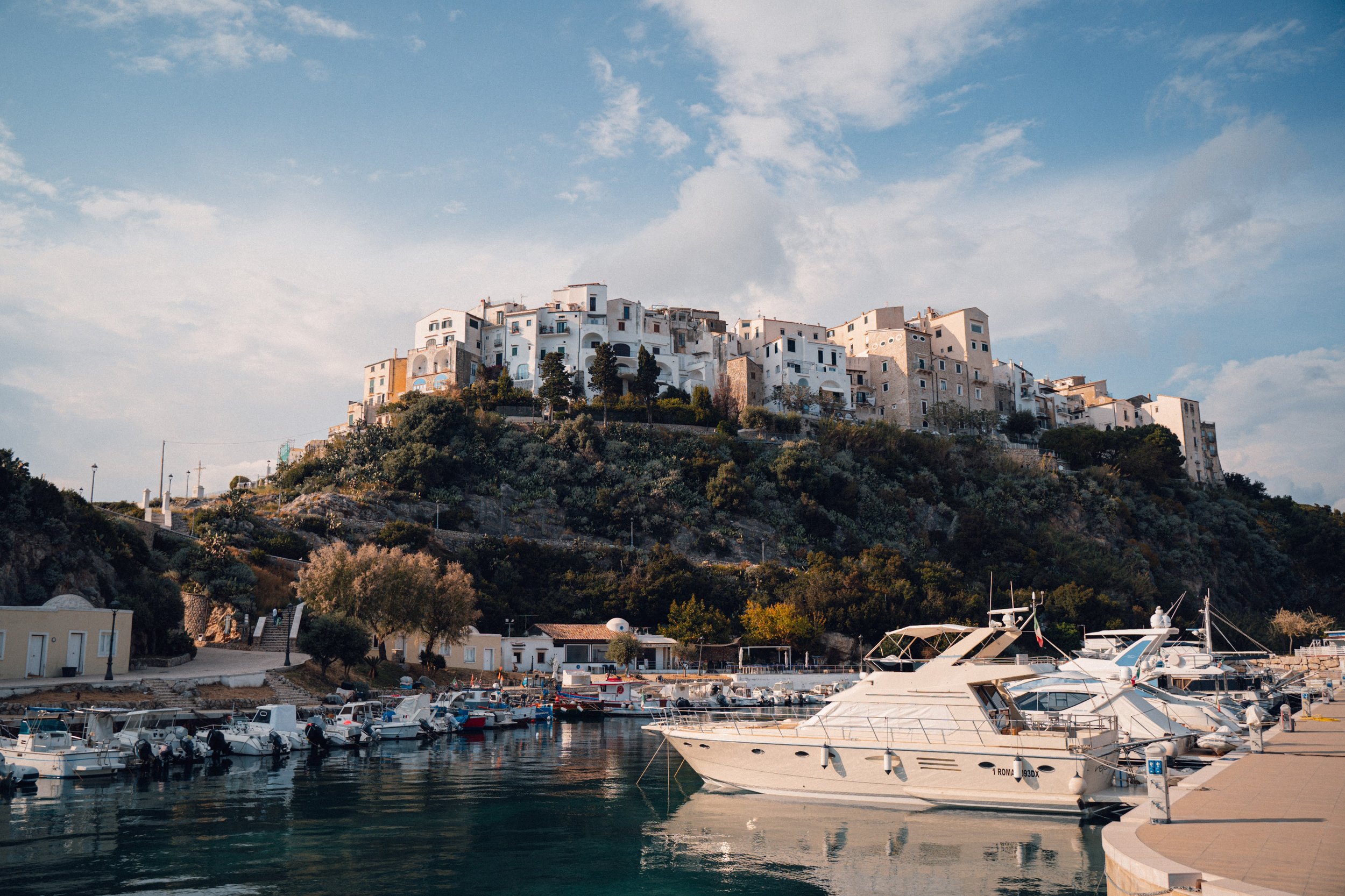 Yachts docked at a marina with a hillside town with white buildings in the background under a partly cloudy sky.