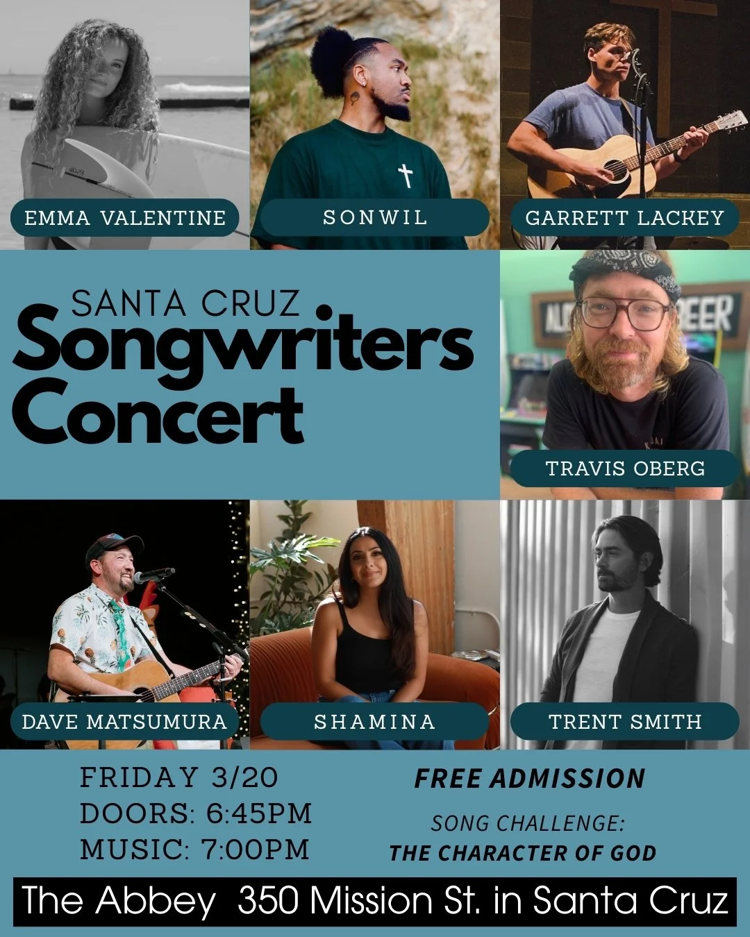 Want to experience some fresh, new music? Join us for the Santa Cruz Songwriters Concert this Friday, March 20 at 7:00PM in The Abbey! Come hear new music from very cool, local musicians. The Song Challenge is The Character of God. Admission is free