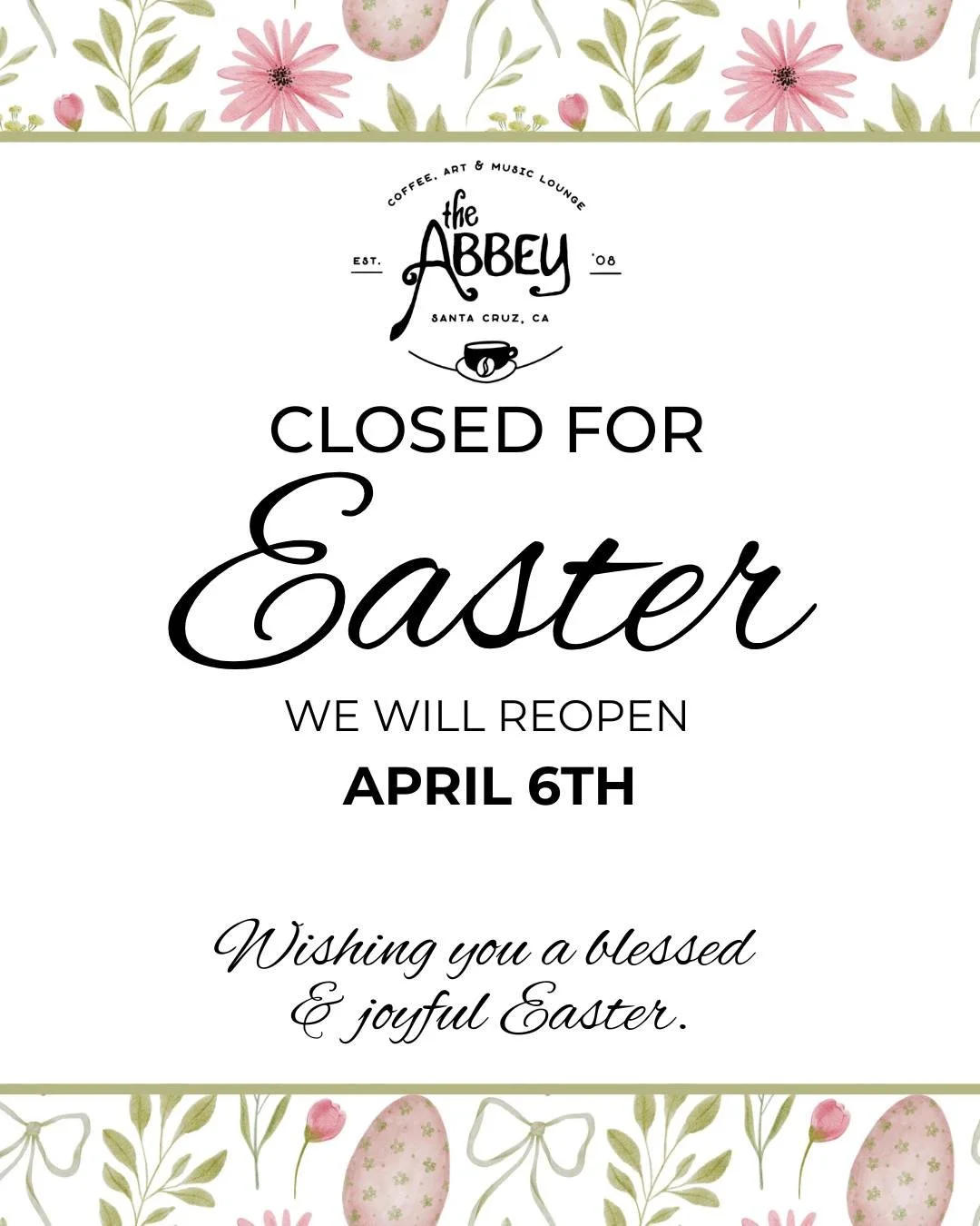The Abbey will be closed for Easter. But come join us for Easter services at 8:30, 10, and 11:30