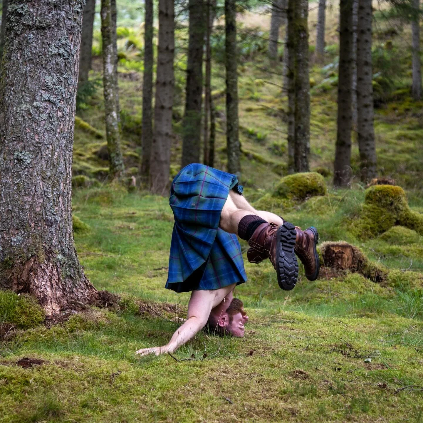 On May 1st we use the morning dew for eternal youth, does this count? 
The moss was sodden but I couldn&rsquo;t resist a soft base for a headstand!
As you flip your calendar you&rsquo;ll get this wee cheeky headstand in my first ever kilt!
.
.
.
📸 @