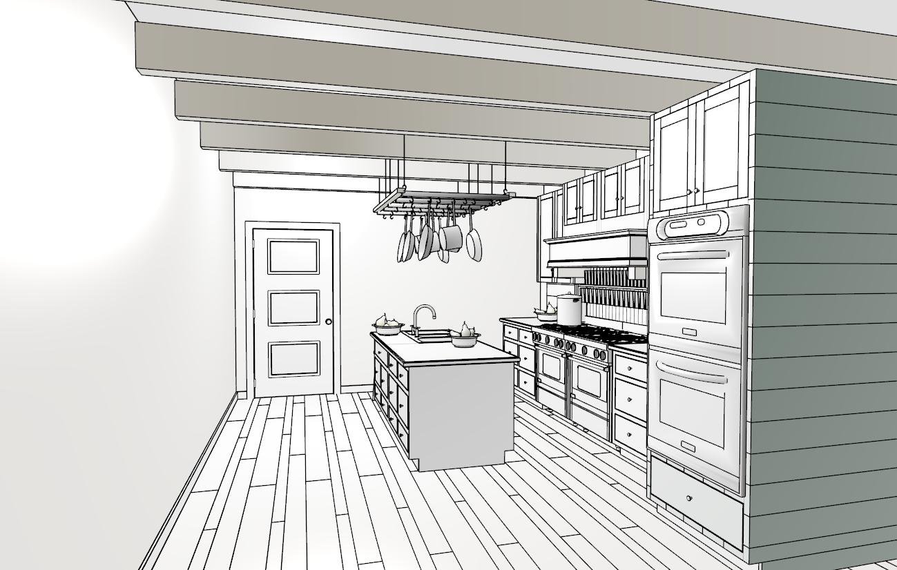 Line drawing of a modern kitchen with wooden floors, upper and lower cabinets, a large oven, and a kitchen island with a sink, hanging pots, and a door in the background.