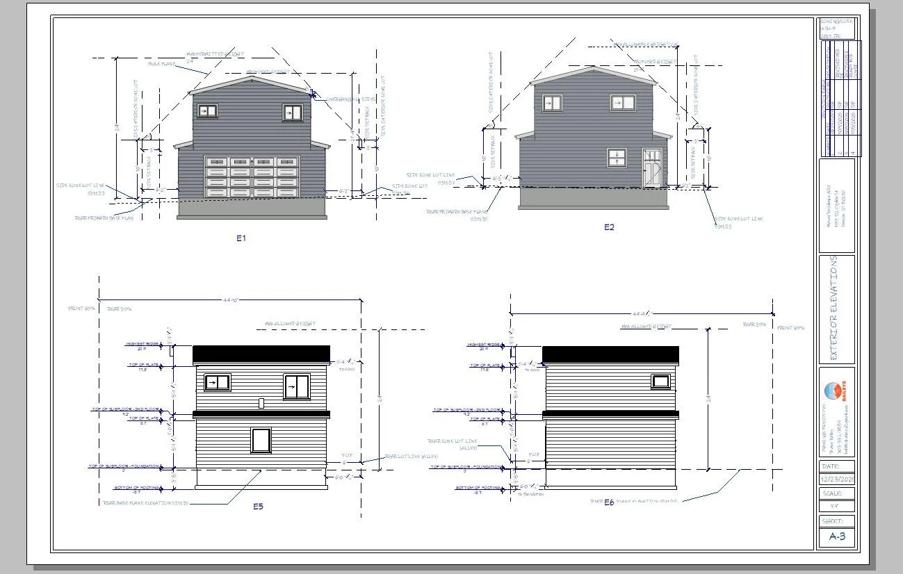 Architectural blueprints of a two-story house showing front and rear elevations with measurements and design details.