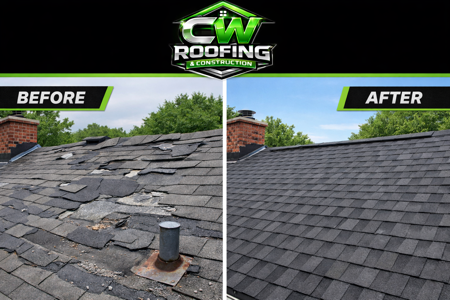 Comparison image showing a roof roof before and after repairs, with damaged shingles on the left and a repaired, clean roof on the right.