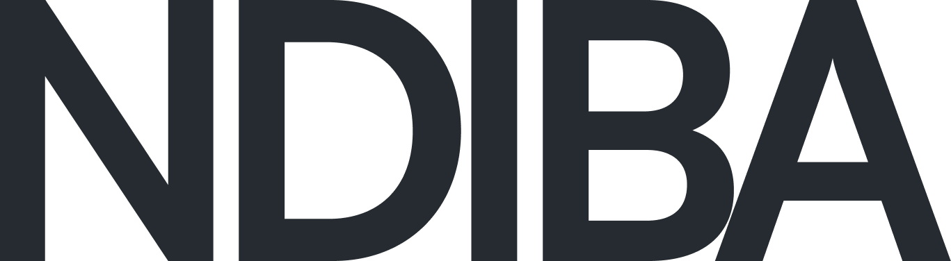 Close-up of the NDIBA logo, featuring bold, uppercase black letters.