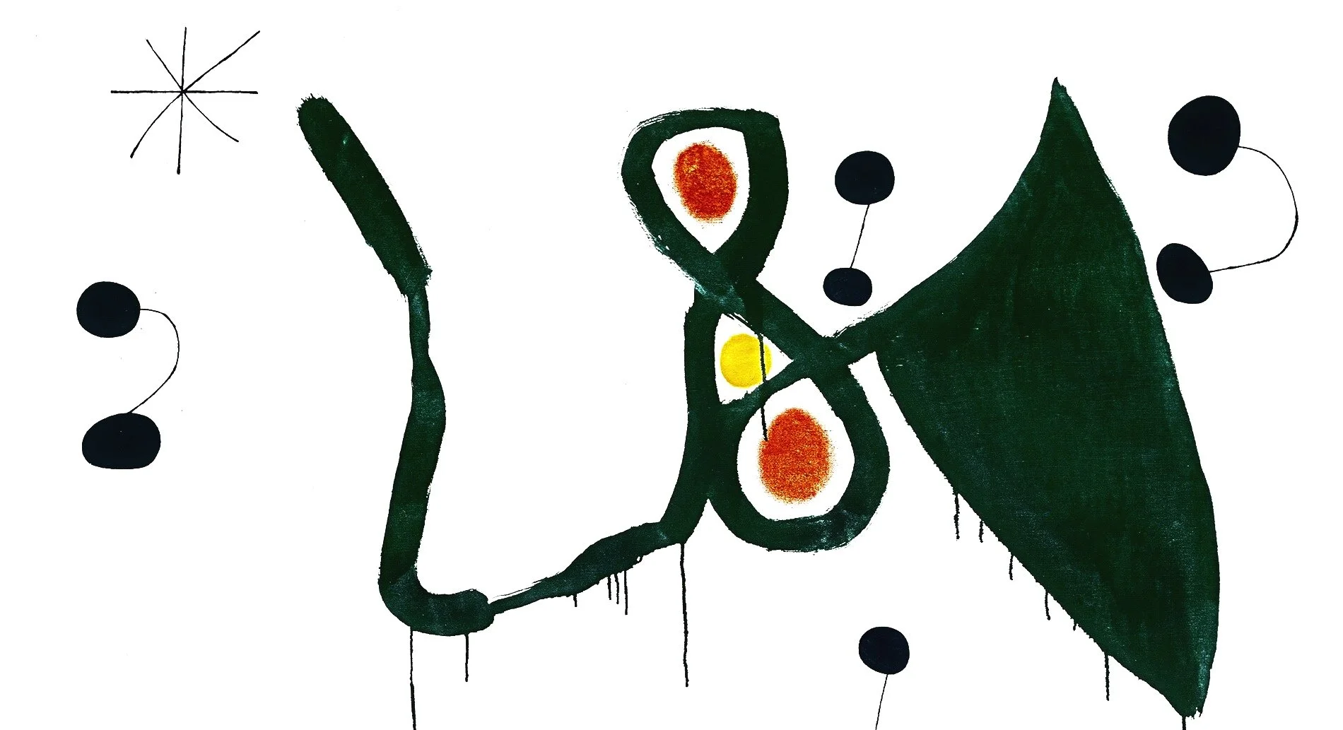 Desenho abstrato com formas fluidas verdes, rosas, amarelas e pretas, pontos pretos conectados por linhas e uma estrela no canto superior esquerdo, sobre fundo branco.