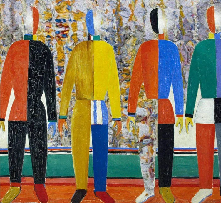 Quatro figuras humanas estilizadas, coloridas e abstratas de costas, destacando diferentes combinações de cores em roupas e chapéus, com fundo de textura artística.