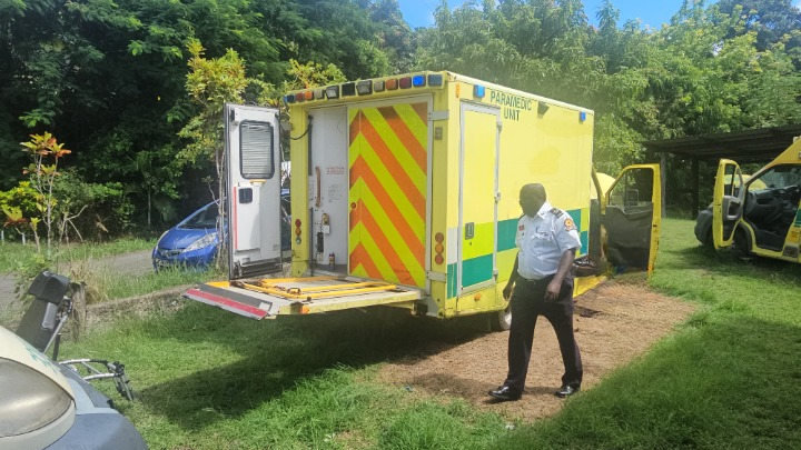 An emergency medical services vehicle, a yellow ambulance, is parked on grass with its rear door open, a paramedic in uniform standing nearby, and a damaged vehicle in the background.