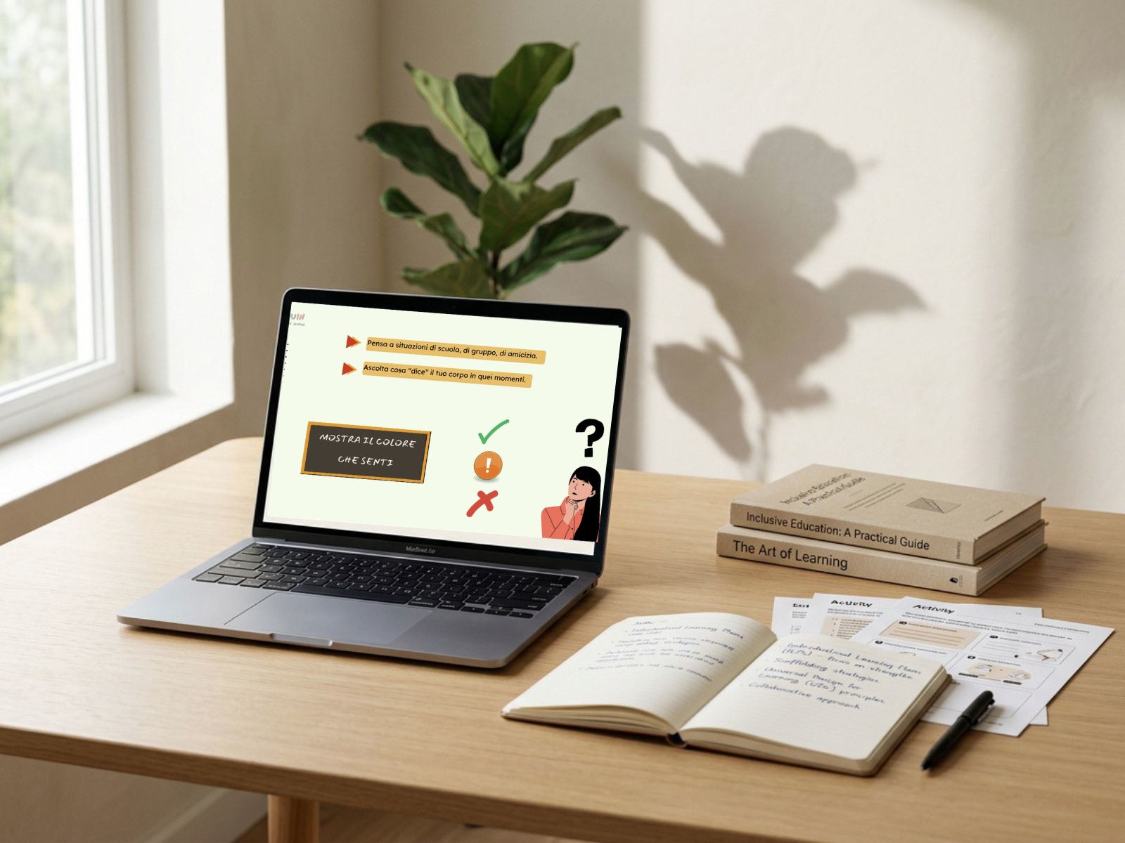 Laptop con materiale educativo EduIn sui segnali del corpo, accanto a libri e appunti.