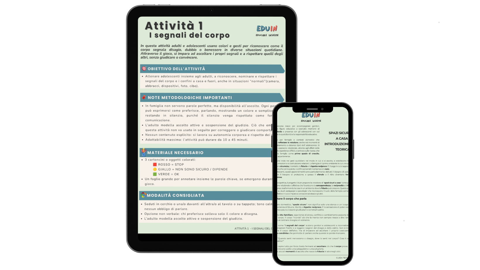 Mockup su tablet e smartphone della scheda EduIn "Attività 1 - I segnali del corpo".