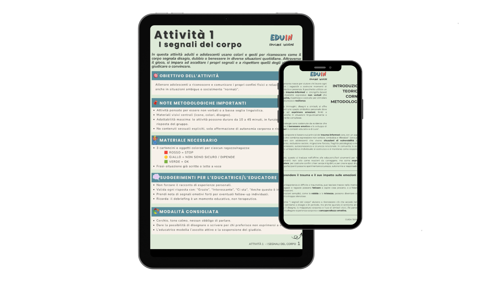 Mockup su tablet e smartphone della scheda EduIn "Attività 1 - I segnali del corpo".