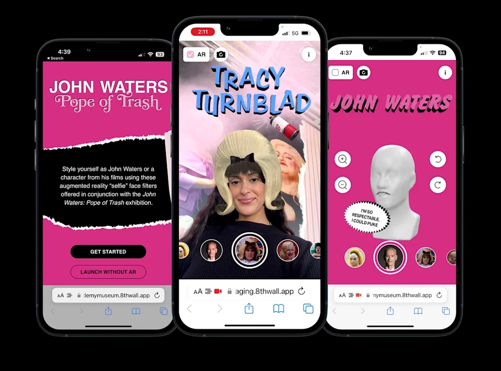 Three smartphones displaying augmented reality face filters and virtual effects from the Smithsonian's National Museum of American History app, with one showing a person wearing a quirky wig and another with a sculpture of a head with a speech bubble.