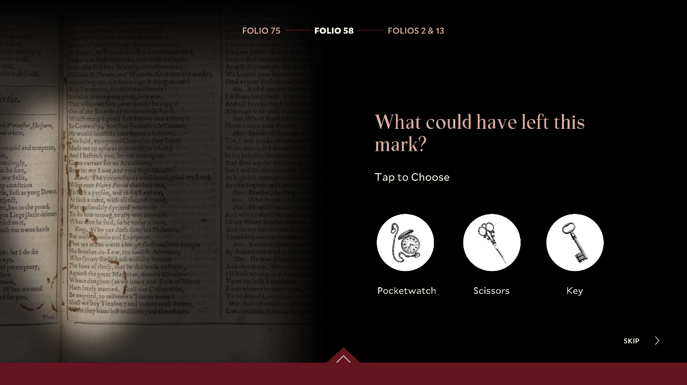 A digital interactive book page with a question 'What could have left this mark?' and three options: Pocketwatch, Scissors, Key, displayed as illustrations on a black background. The top has navigation labels 'FOLIO 75', 'FOLIO 58', and 'FOLIOS 2 & 13'. The left side shows a faint, partially visible old text or manuscript. The bottom displays a 'SKIP' button.
