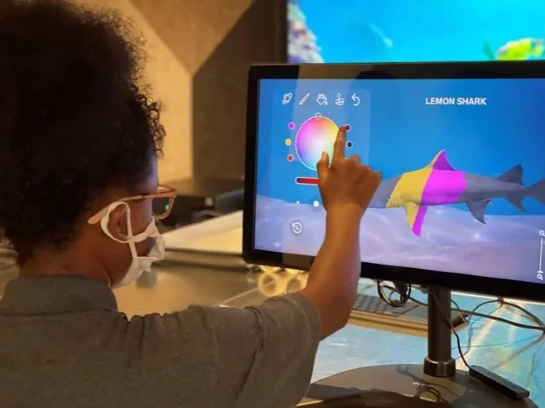 A child with curly hair, glasses, and a face mask is using a tablet to color a digital drawing of a lemon shark on the screen.