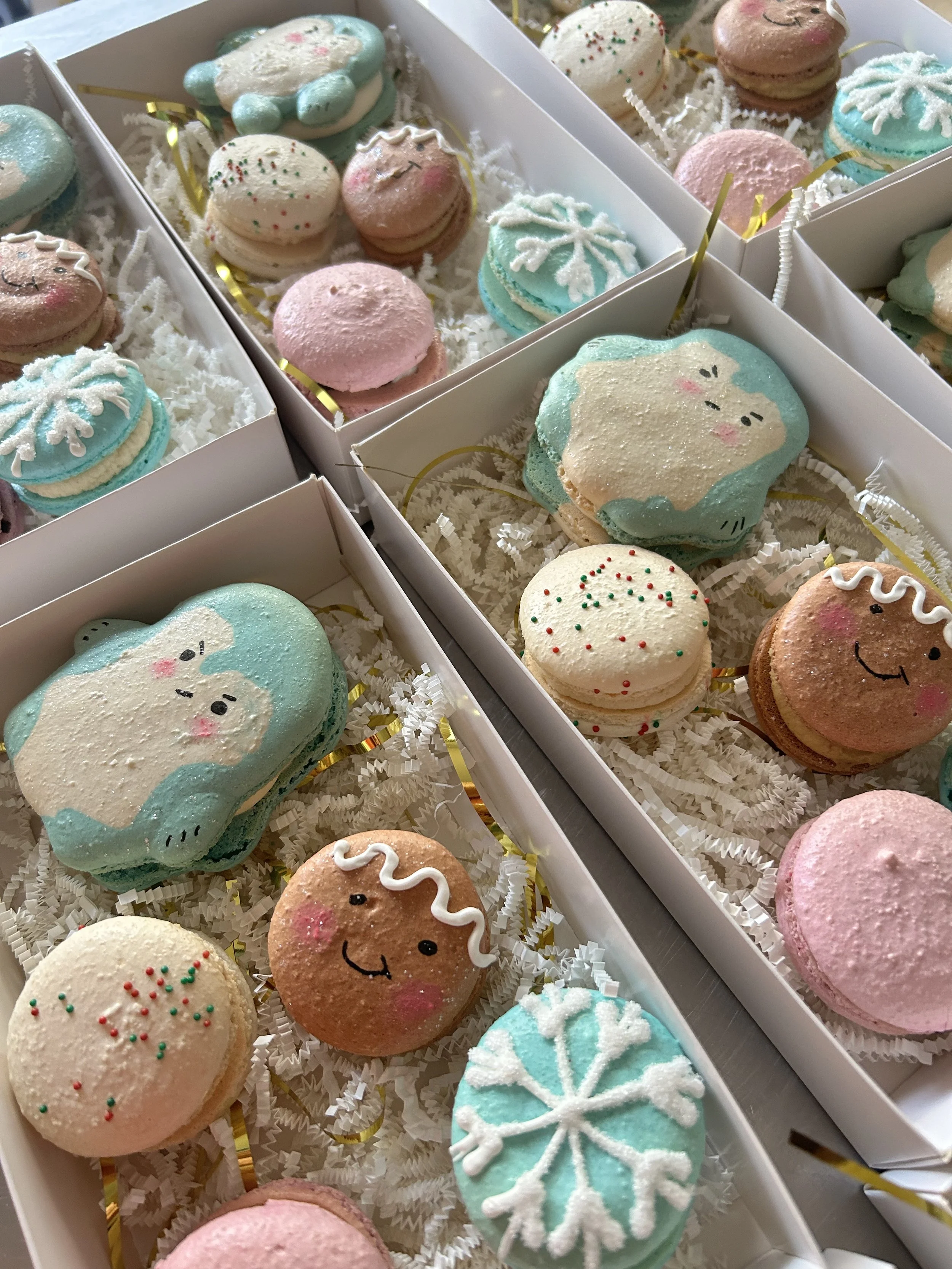 Boxes of decorated holiday macarons with cute snowman and snowflake designs, colorful sprinkles, and pink frosting, arranged in gift boxes with shredded paper filling.