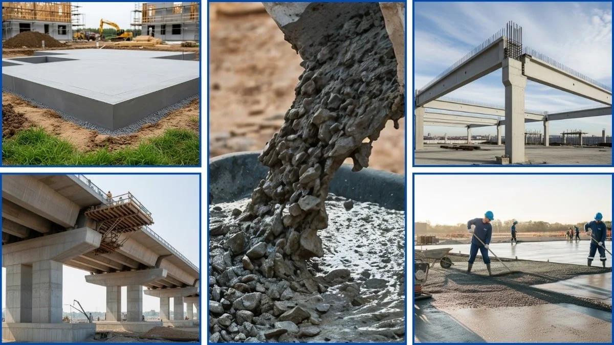 Construction site with concrete foundation, workers pouring and spreading concrete, steel framework for building, and bridge construction with workers laying concrete.
