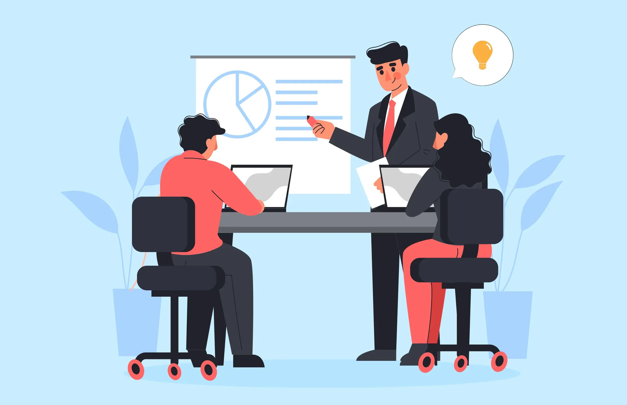 A business meeting with a man standing and presenting, two people sitting at a table with laptops, a presentation chart on a screen, and a speech bubble with a light bulb symbol.