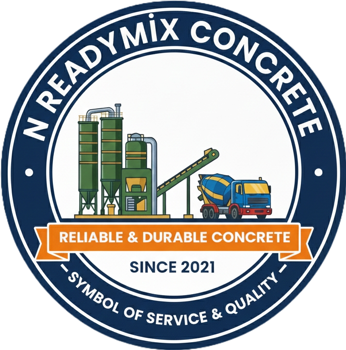 A circular logo for N Readymix Concrete featuring an industrial concrete plant and a mixer truck. The logo includes the text 'Reliable & Durable Concrete', 'Since 2021', and 'Symbol of Service & Quality'.