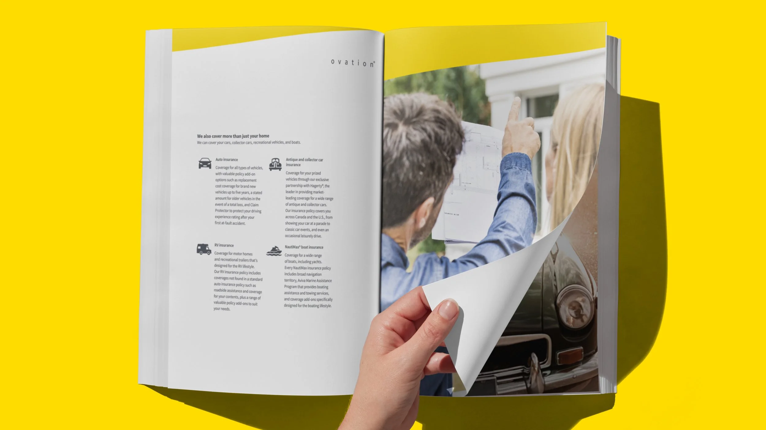 Image of an open book on yellow background. Content shows options for insurance coverage with a photo of a fman and woman planning for a home remodel.