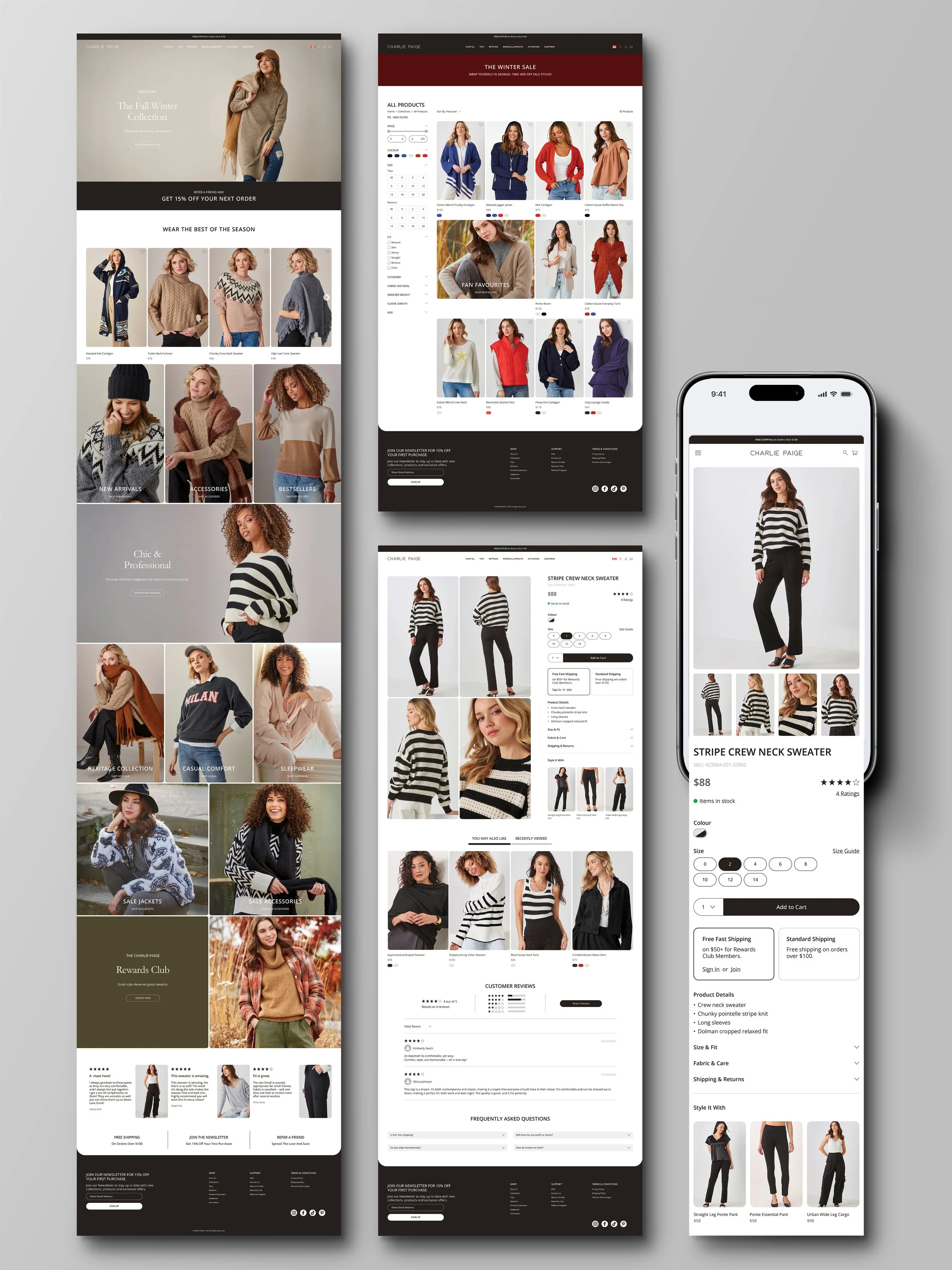 Layout showing three web pages. Home page, collection page and product description page on desktop and mobile.
