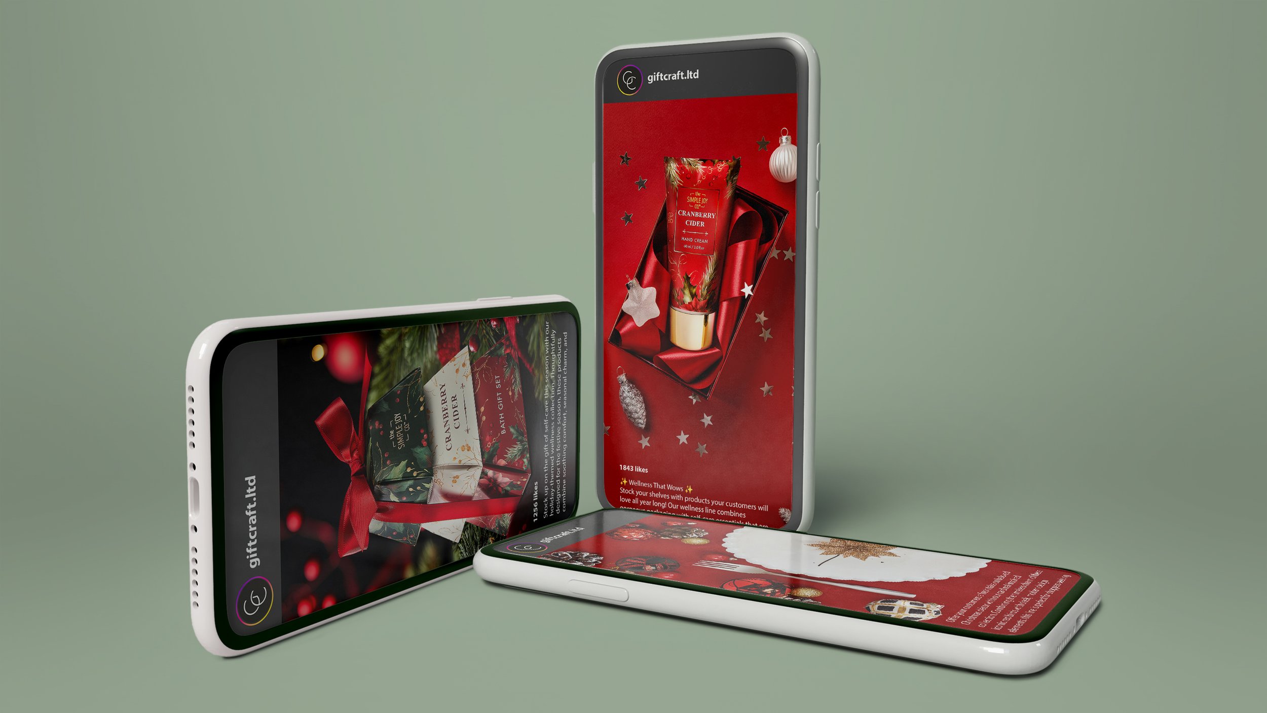 Three mobile phones on a green background showing christmas social media posts.