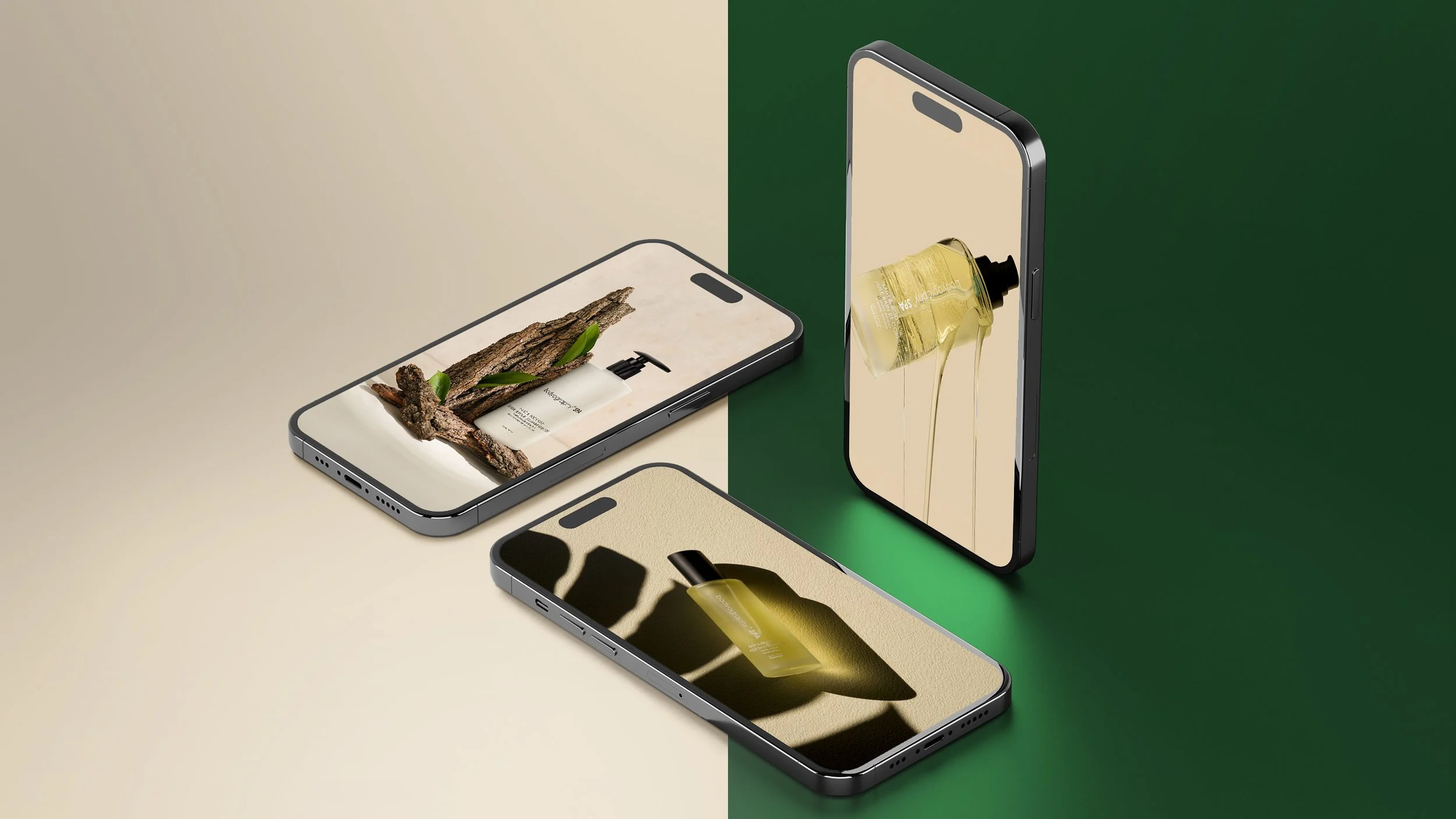 Three phones showing Bodyography products on a tan and green background.