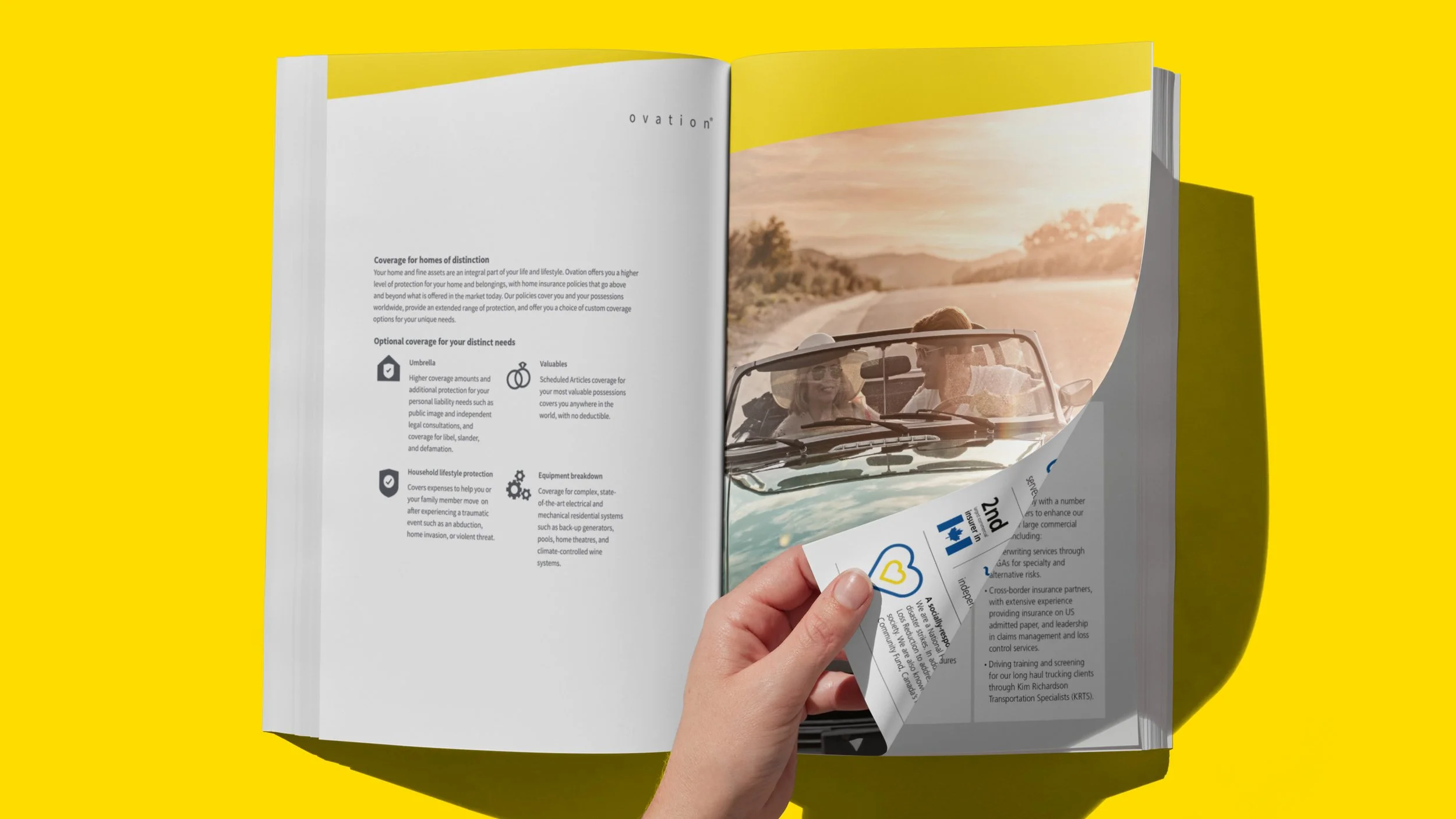Image of an open book on yellow background. Content shows options for insurance coverage with a photo of a family driving a car and a sunset in the background.