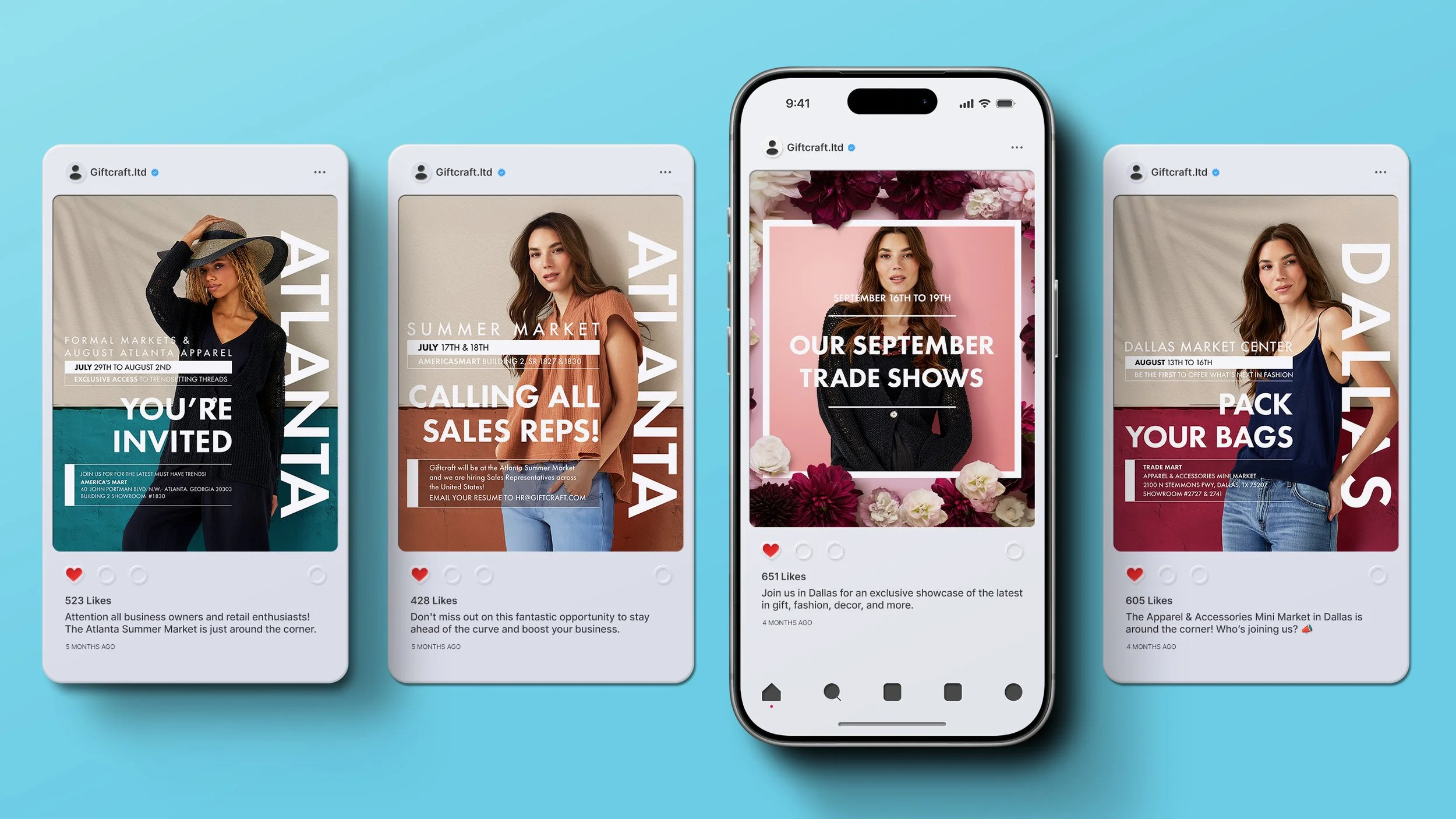 Four phones showing Trade Show social media posts.