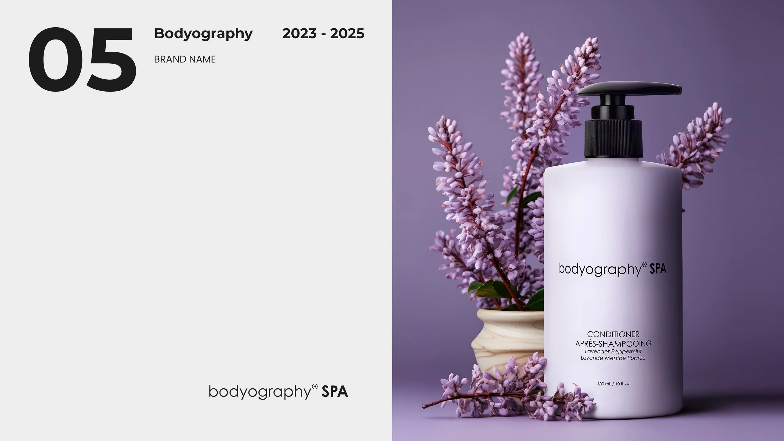 Bodyography conditioner on a purple background with lavender flowers.