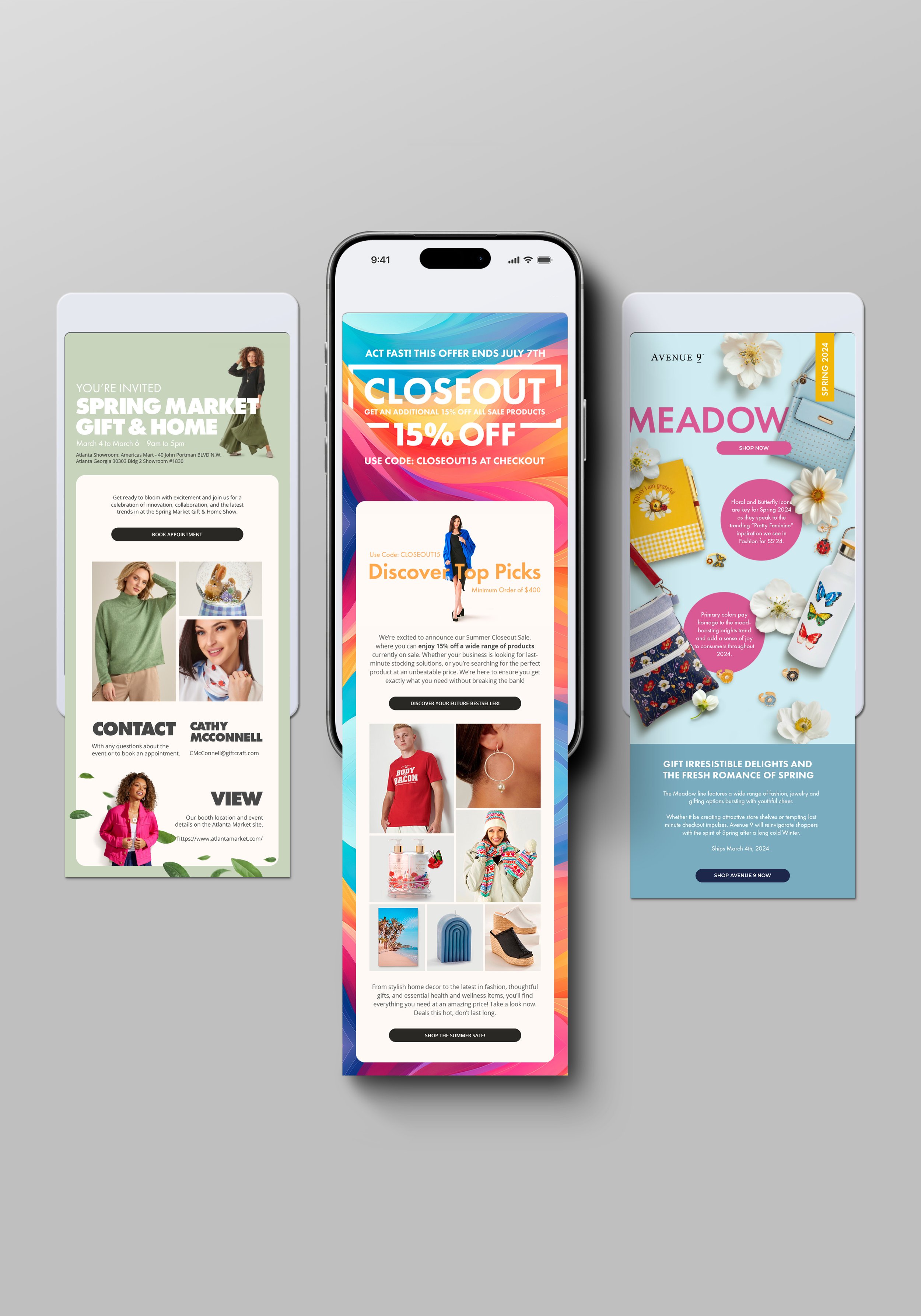 Three devices showing email templates.