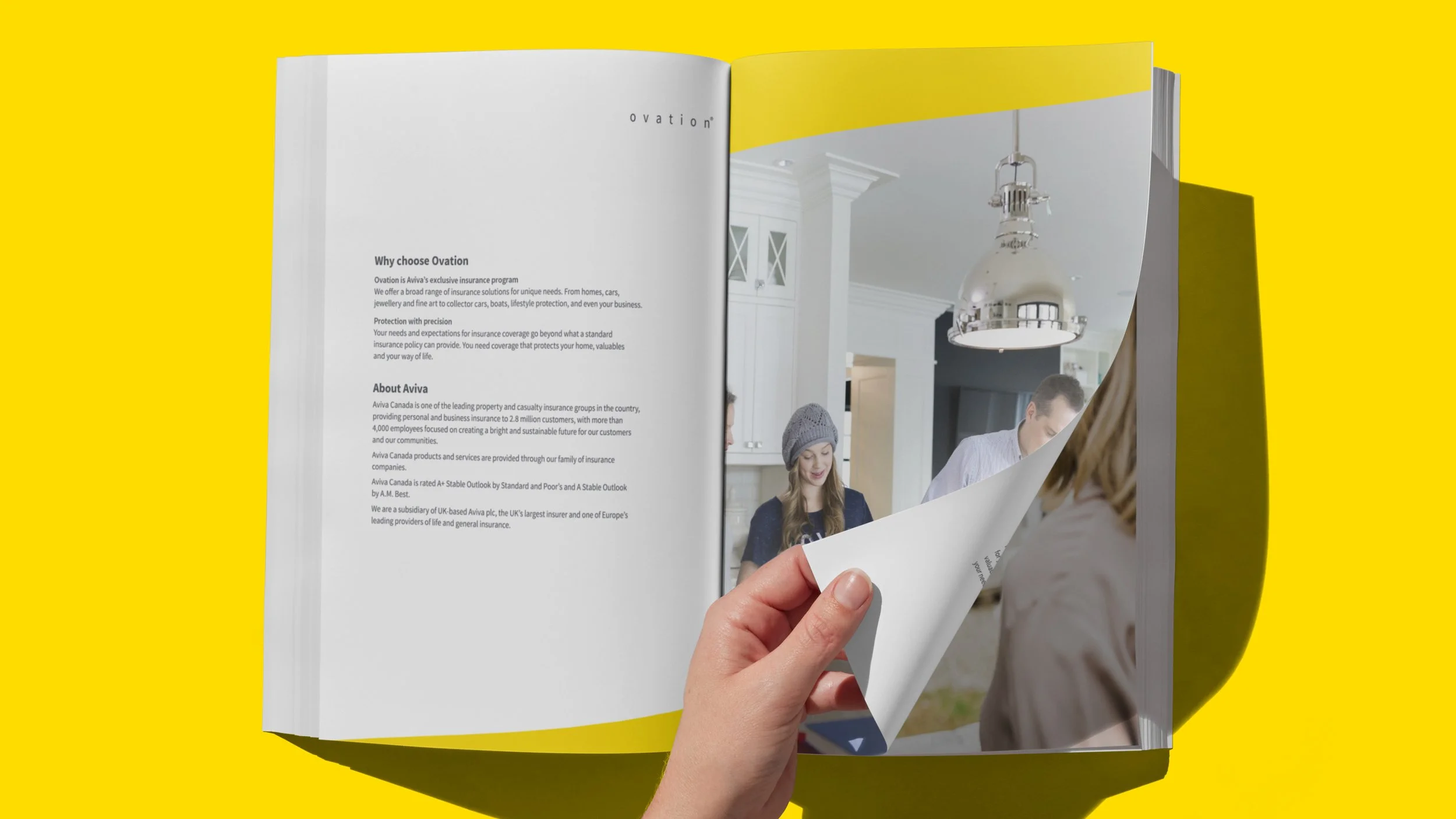 Image of an open book on yellow background. Content shows reasons for choosing Ovation coverage with a photo of a family sitting at a table eating breakfast.