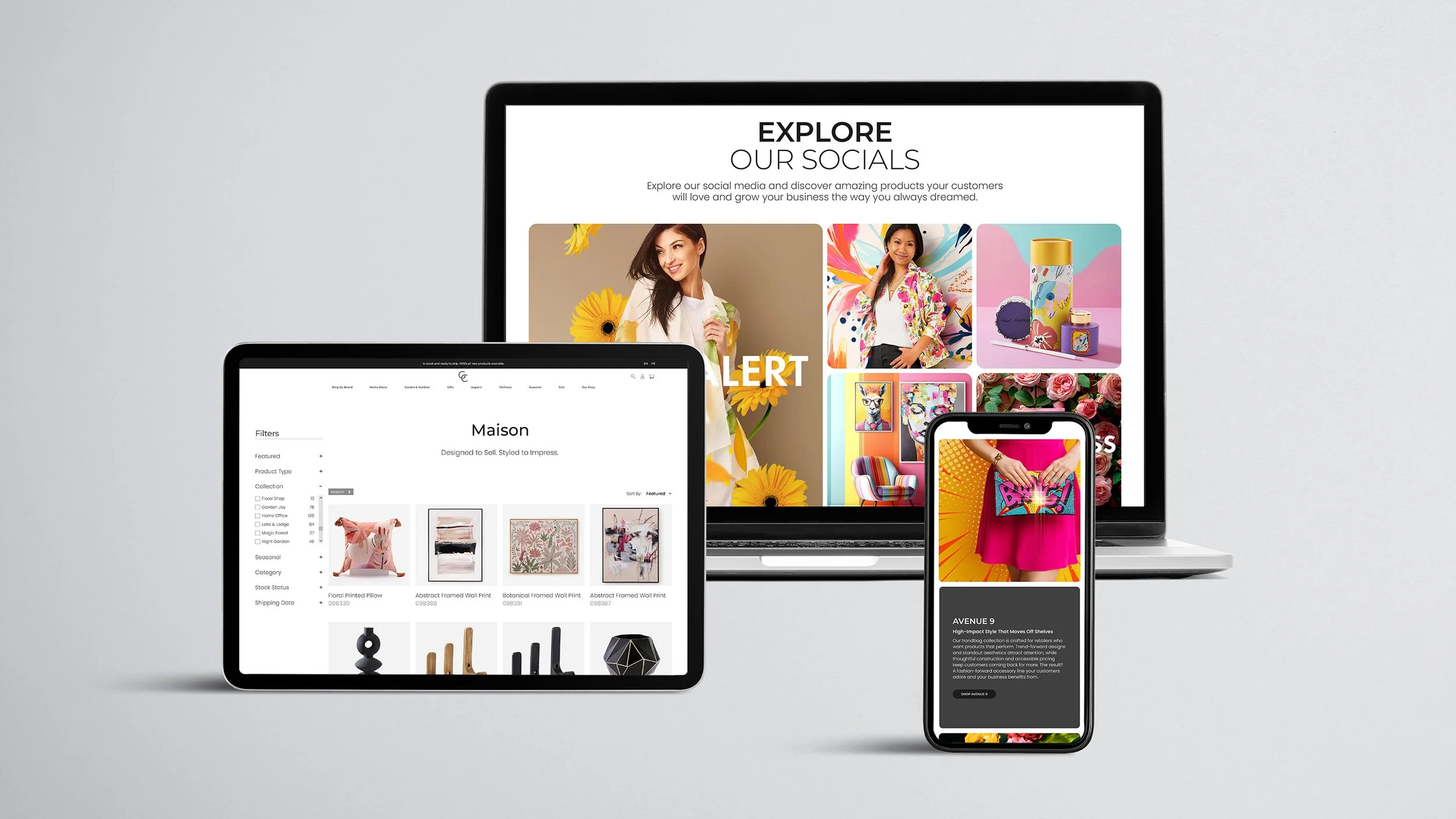 Image of 3 devices on a grey background showing examples of the Giftcraft website.