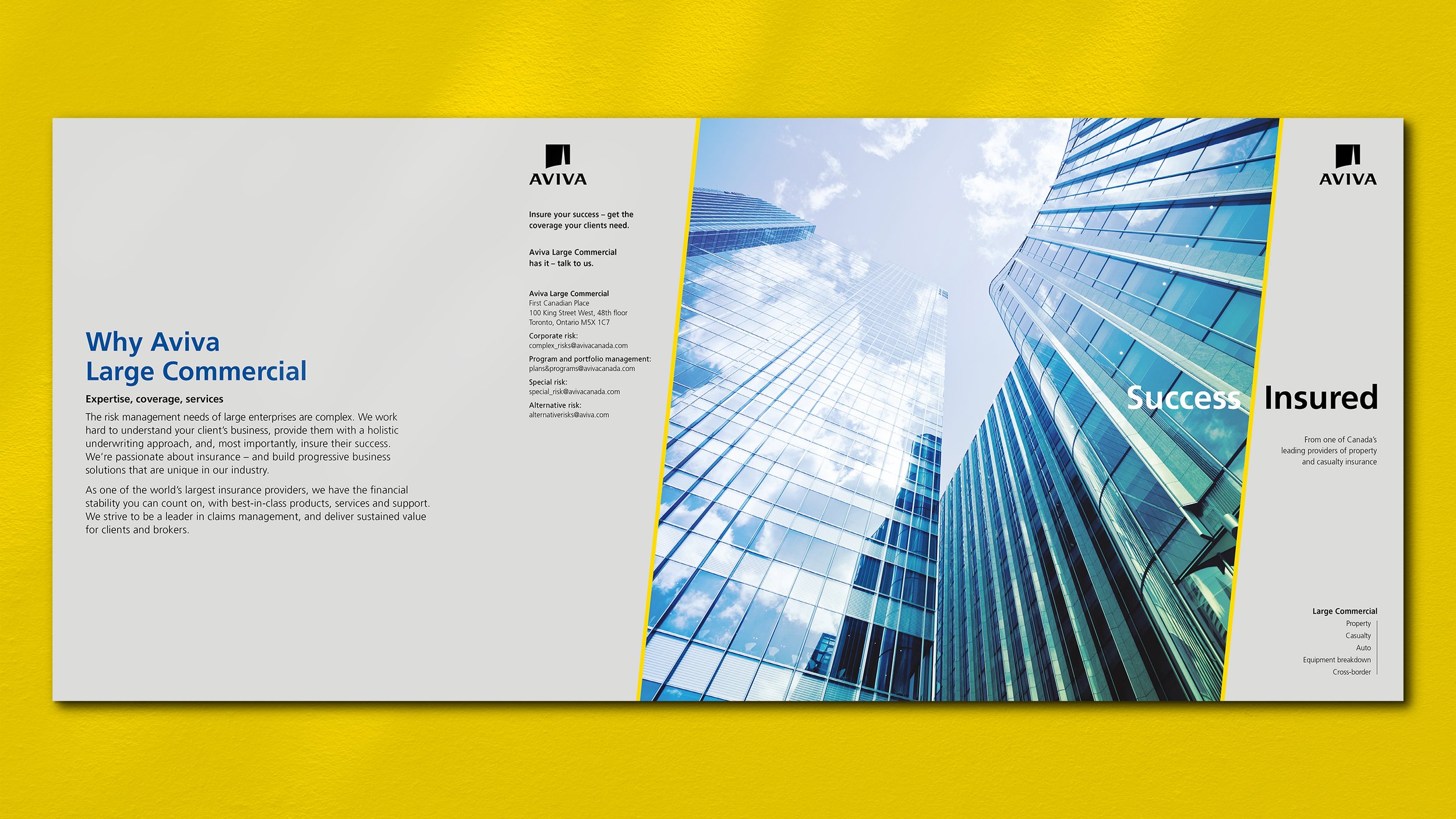 Image of an open brochure on a yellow background. Contents are for why choosing Aviva for insurance is a good option.
