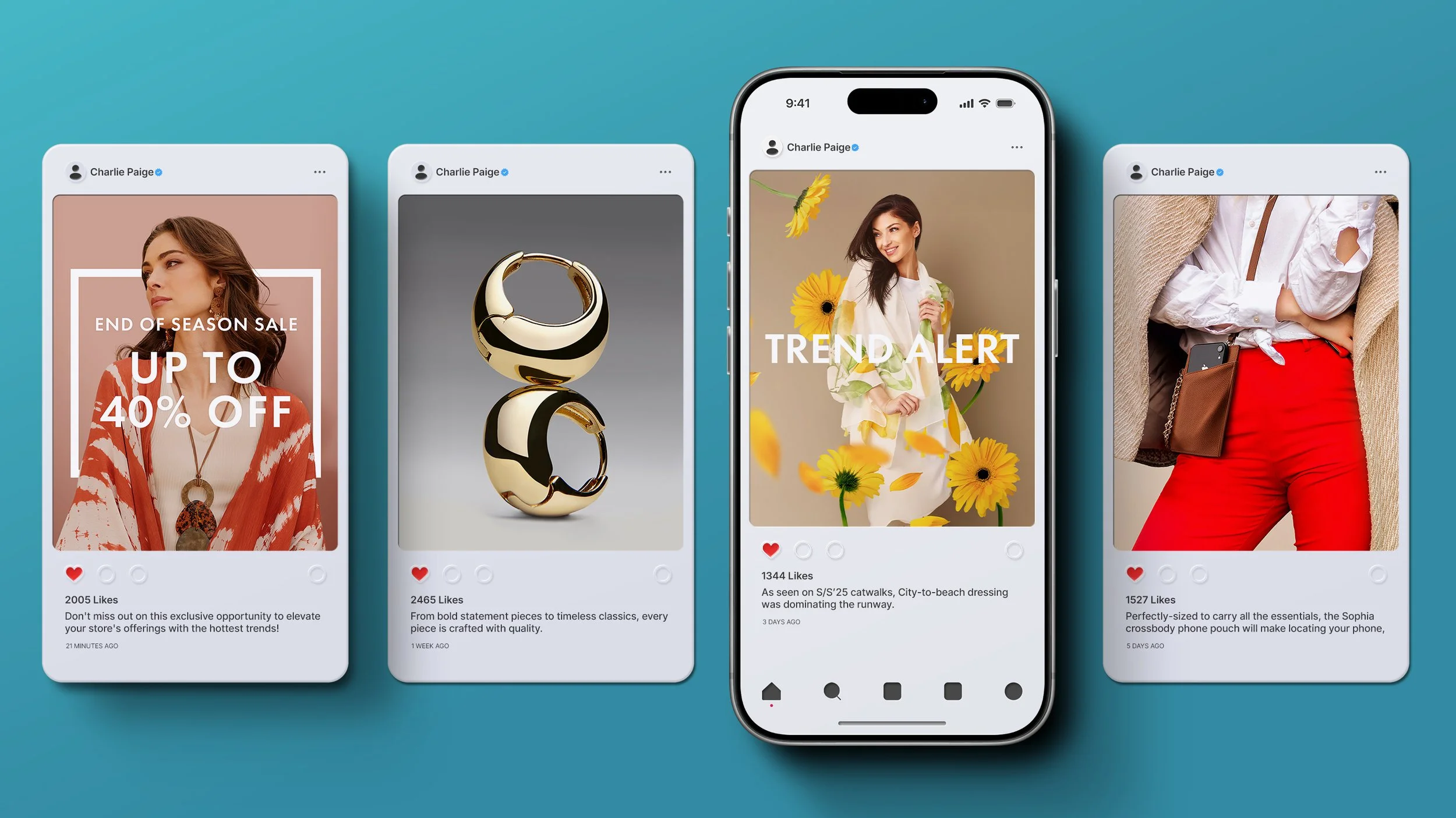 Four phones showing Charlie Paige social media posts.