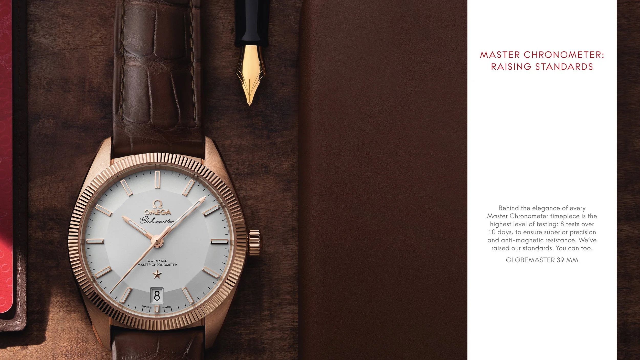 Omega watch on leather wallet with the caption Master Chronometer: Raising Standards.