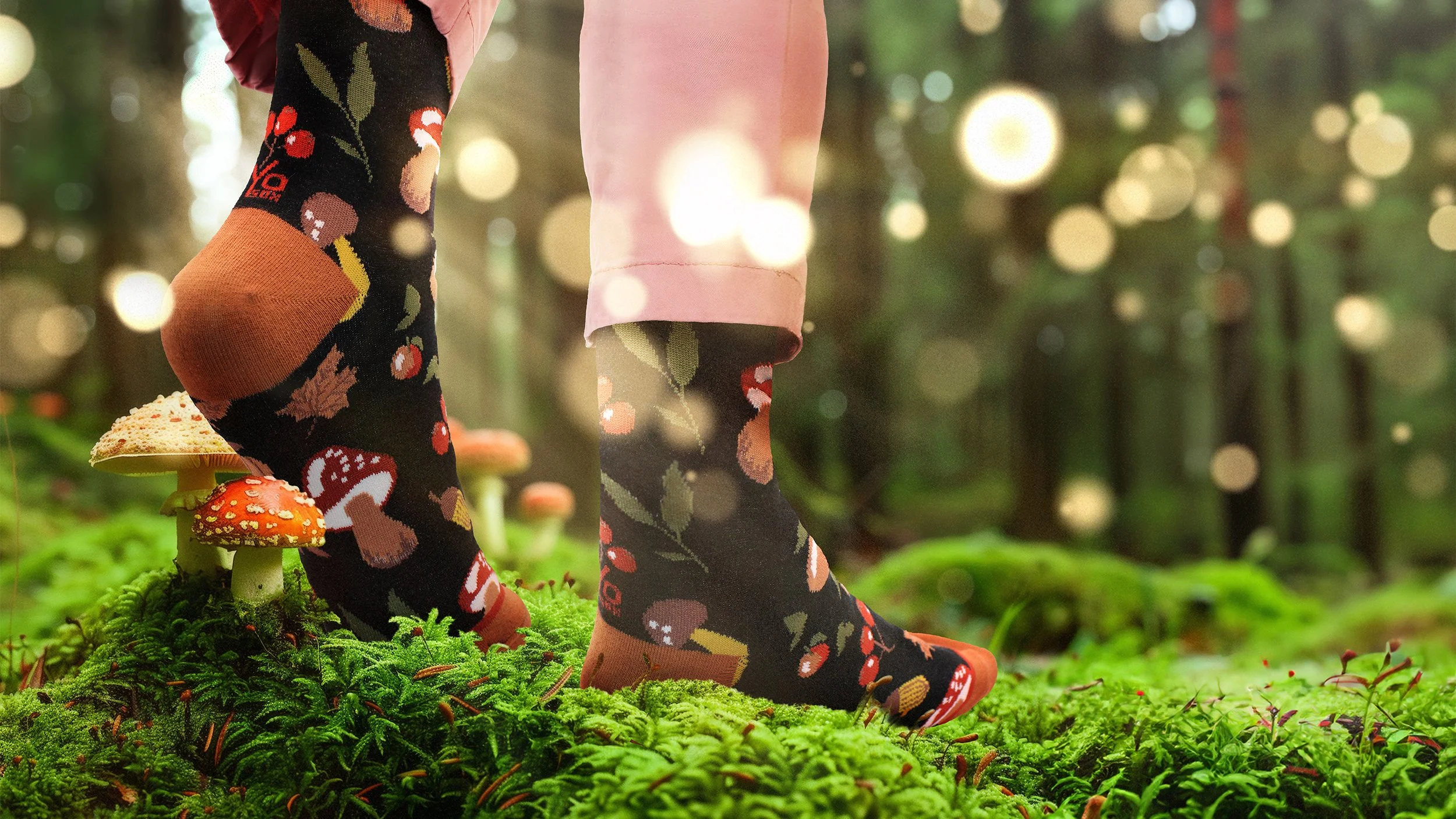 Image of someone wearing socks walking through a forest.