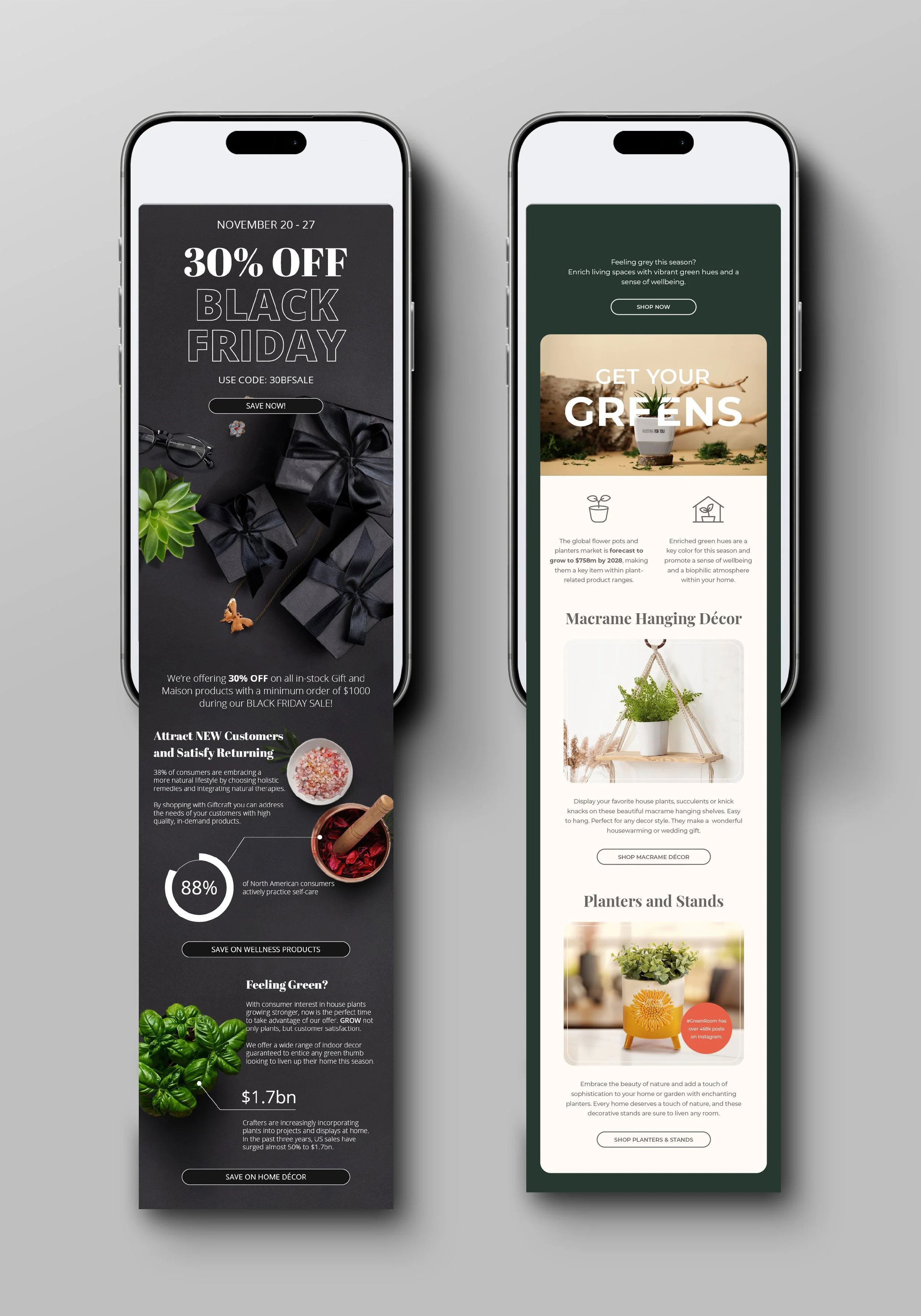 Two phones showing email templates.